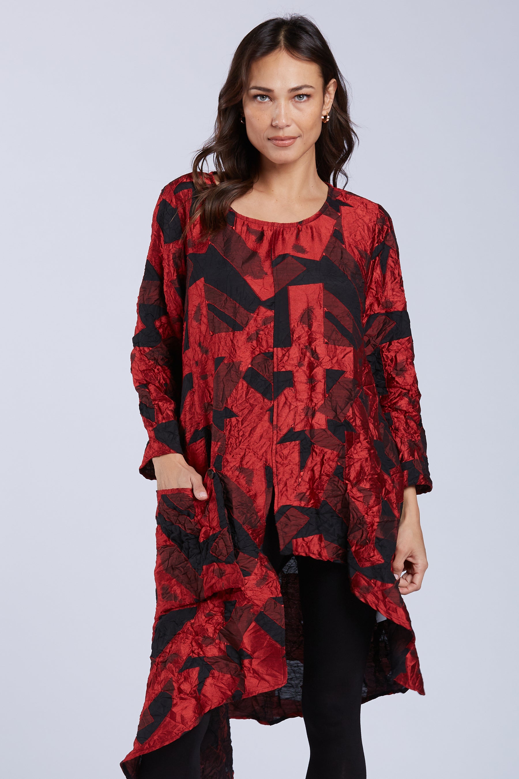 Sydney Project Ashley Long Sleeve Round Neck Asymmetric Abstract Long Top - CJT1024 - CRIMSON