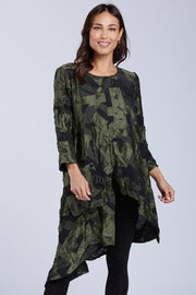 Sydney Project Ashley Long Sleeve Round Neck Asymmetric Abstract Long Top - CJT1024 - OLIVE