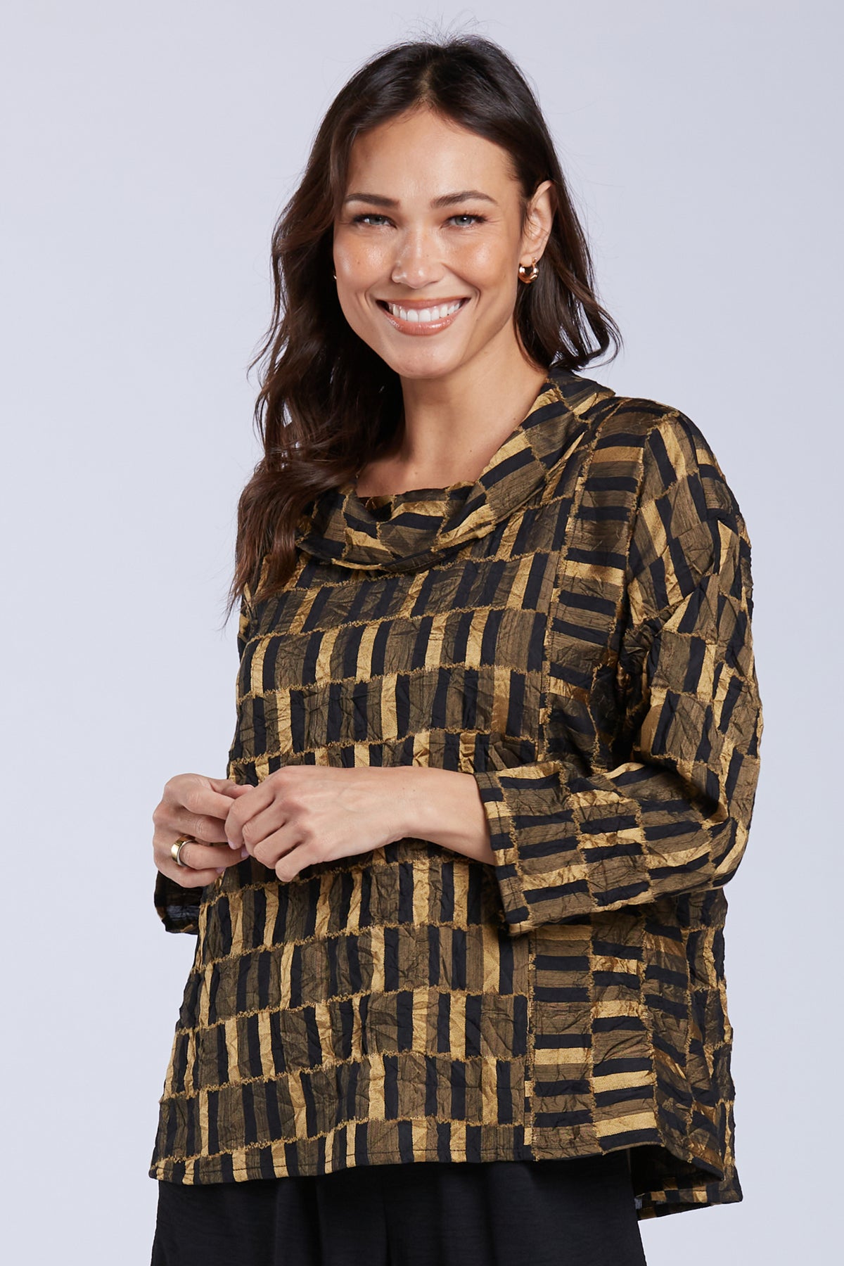 Sydney Project Colleen Geometric Wide Cowl Neck Top 3/4 Sleeve Shirt - CJT1129 - GOLD