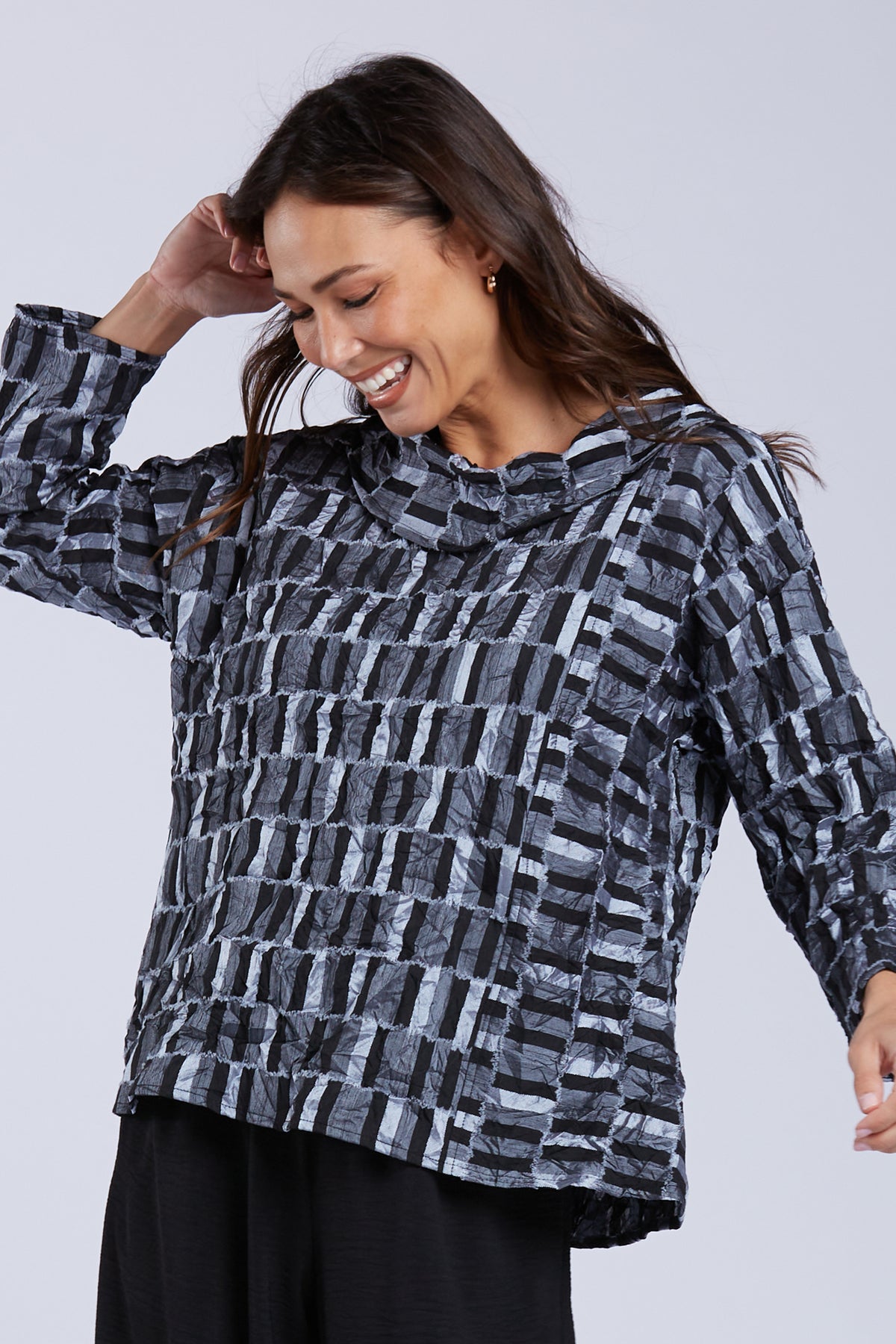Sydney Project Colleen Geometric Wide Cowl Neck Top 3/4 Sleeve Shirt - CJT1129 - METAL