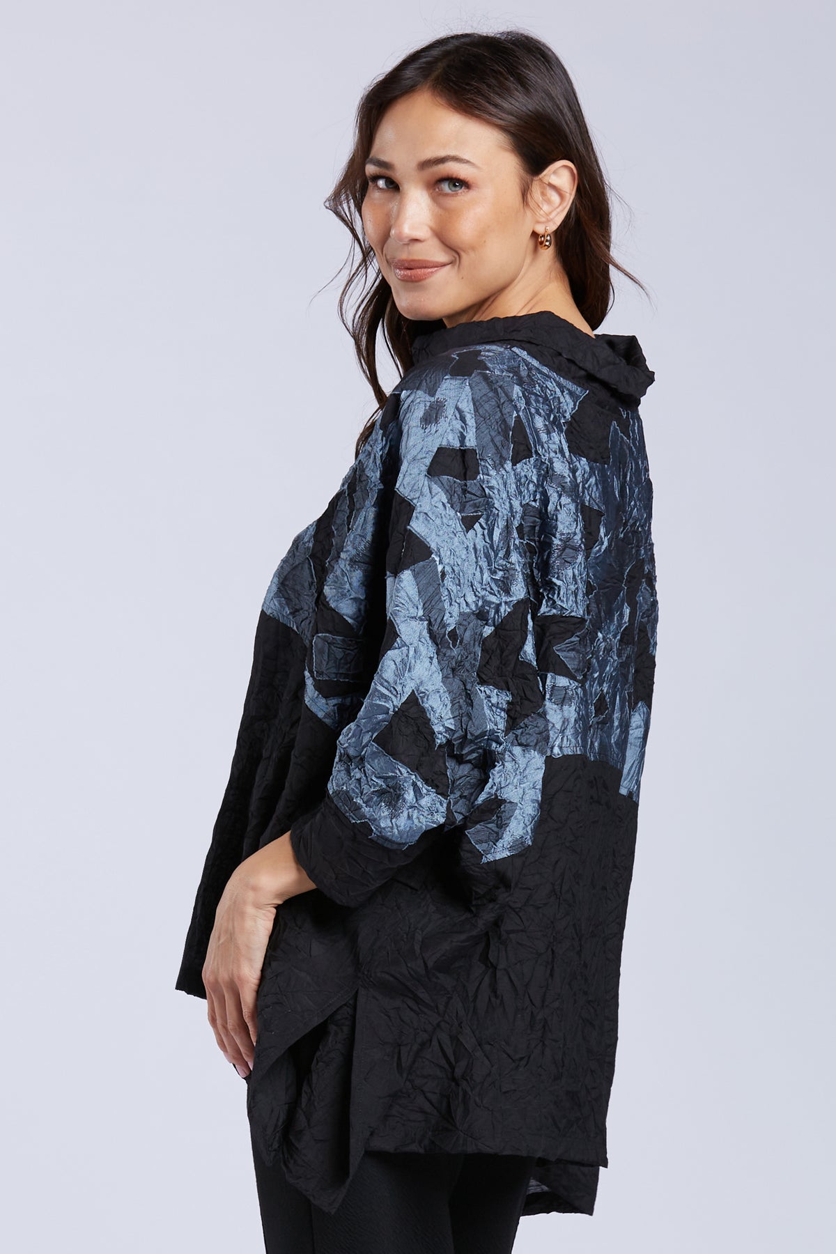 Sydney Project Toni Oversized Crinkle Cowl Neck Abstract Colorblock Top- CJT1133 - BLUE GREY