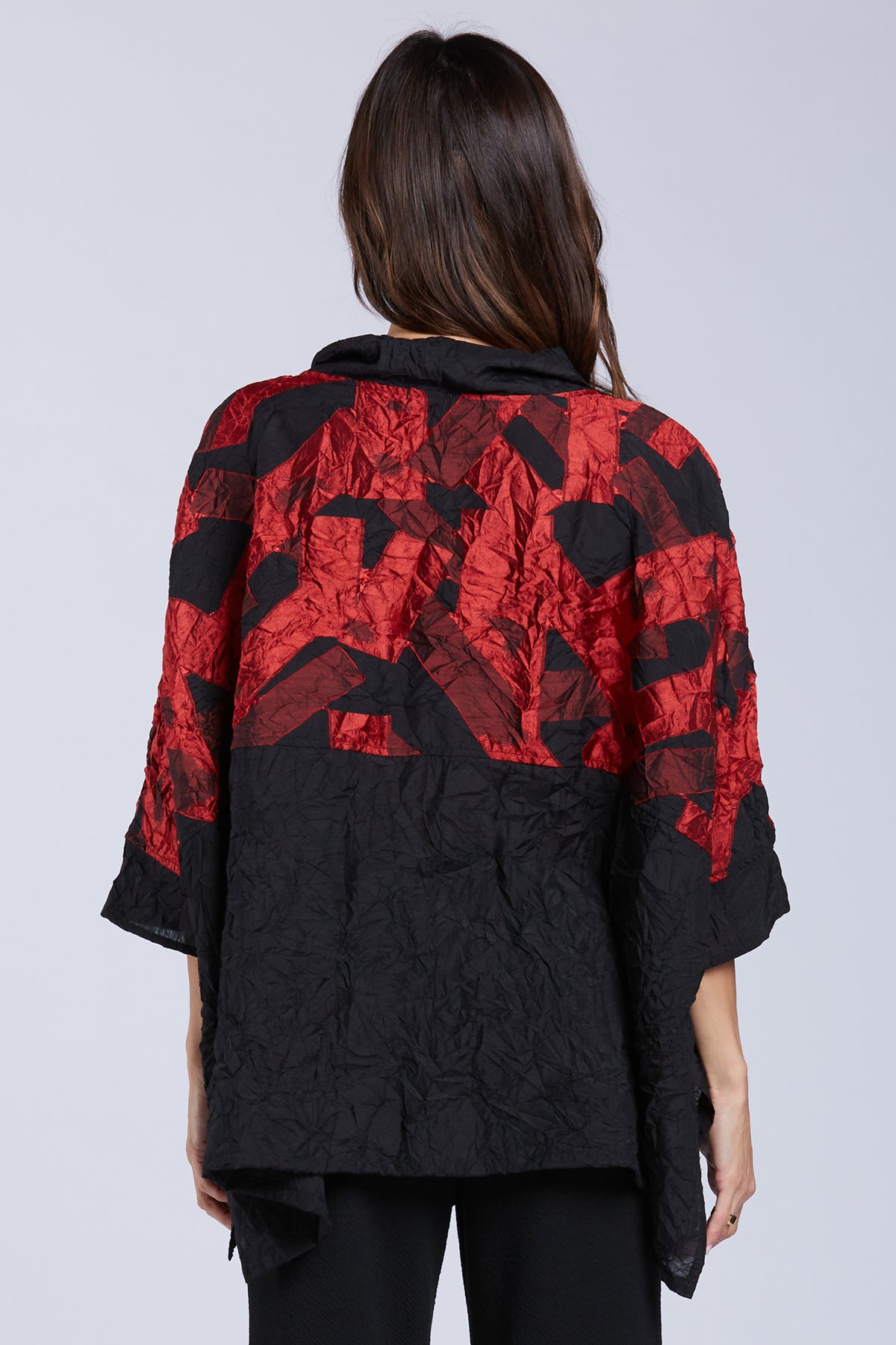 Sydney Project Toni Oversized Crinkle Cowl Neck Abstract Colorblock Top- CJT1133 - CRIMSON