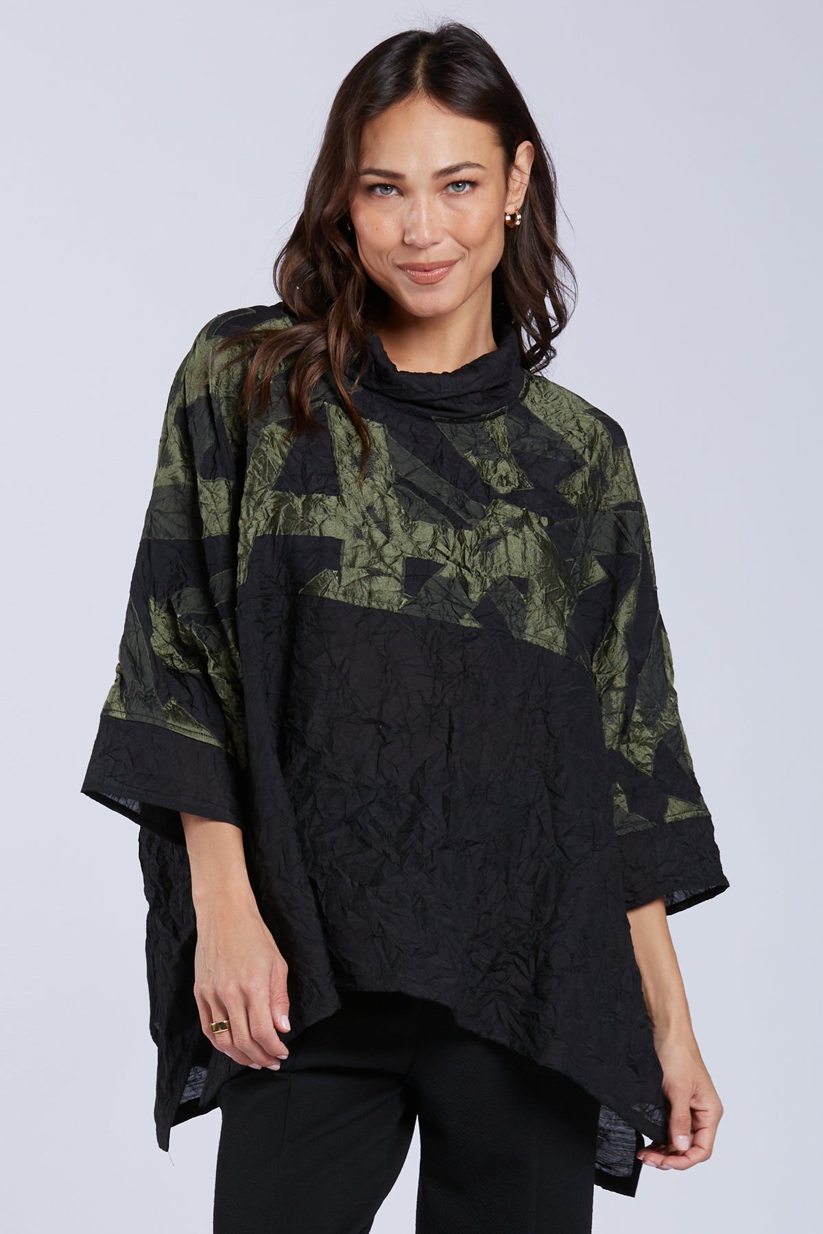 Sydney Project Toni Oversized Crinkle Cowl Neck Abstract Colorblock Top- CJT1133 - OLIVE