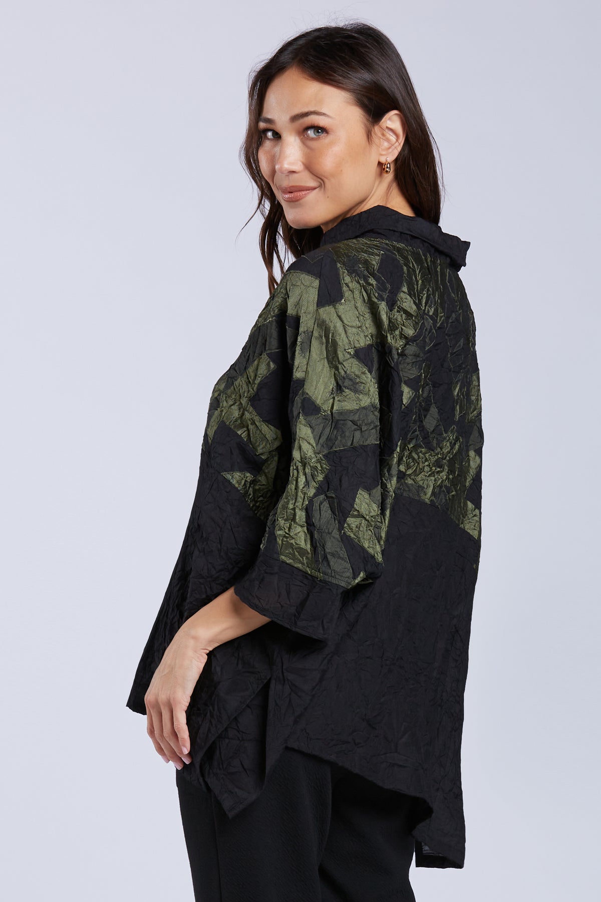 Sydney Project Toni Oversized Crinkle Cowl Neck Abstract Colorblock Top- CJT1133 - OLIVE