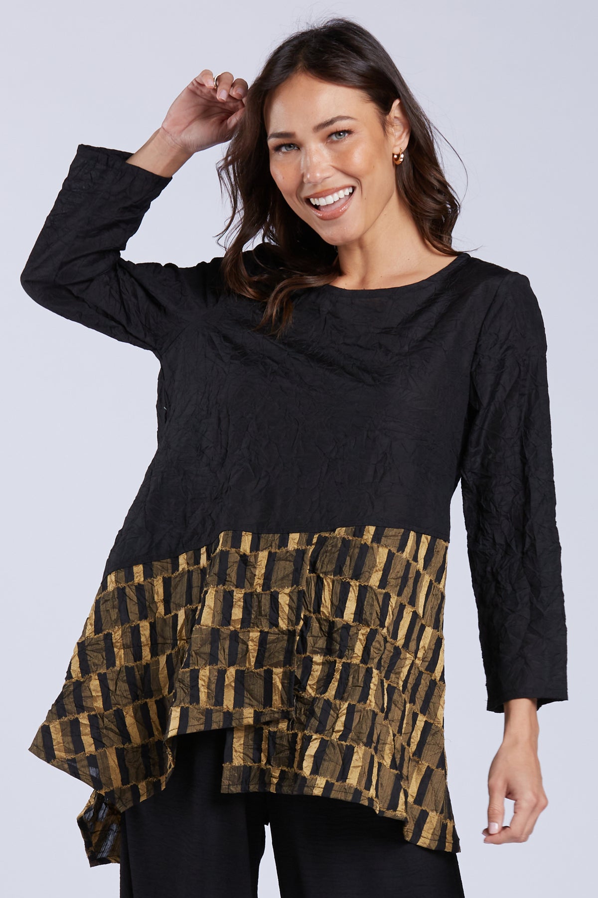 Sydney Project Camila Asymmetric Colorblock Long Sleeve Round Neck Top - CJT1167 - GOLD
