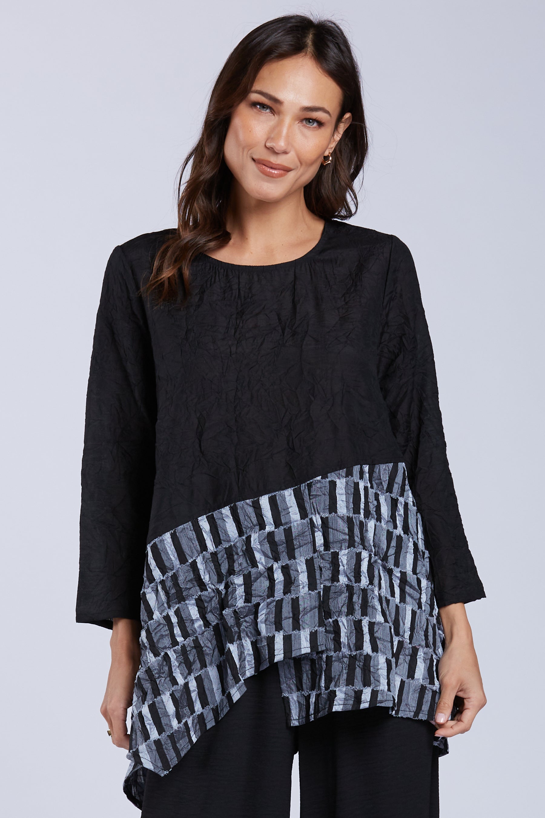 Sydney Project Camila Asymmetric Colorblock Long Sleeve Round Neck Top - CJT1167 - METAL