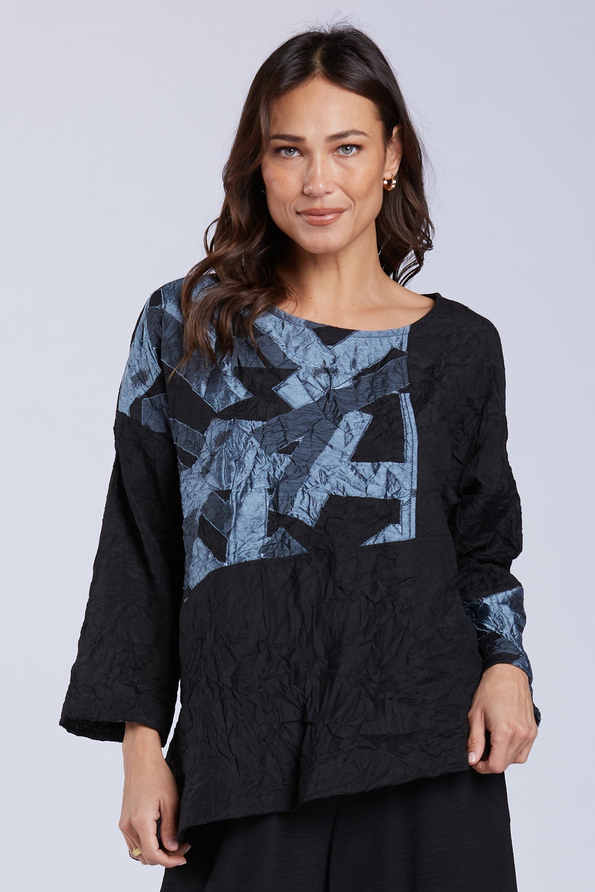 Sydney Project Alice Abstract Round Neck Color Block Long Sleeve Top - CJT1168 - BLUE GREY