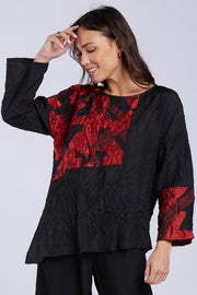 Sydney Project Alice Abstract Round Neck Color Block Long Sleeve Top - CJT1168 - RED