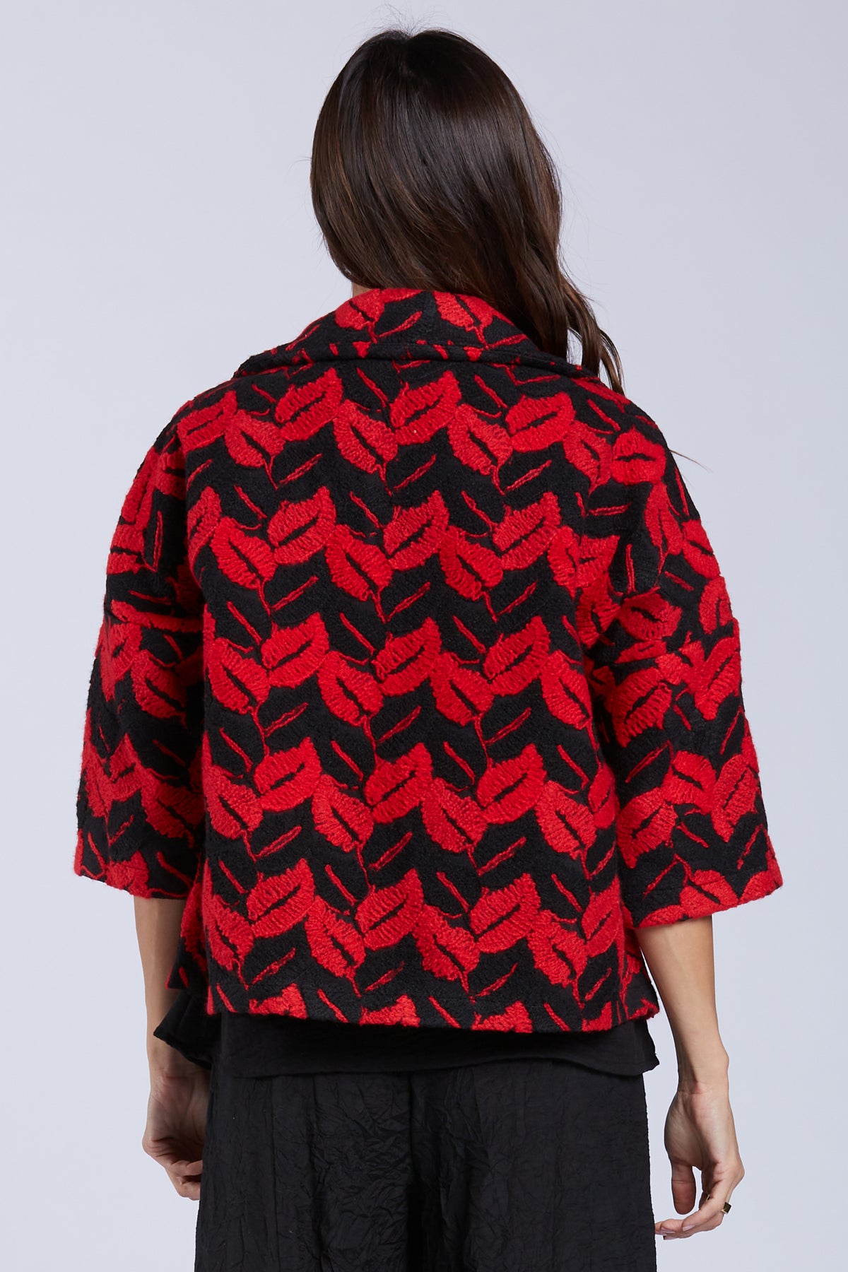 Sydney Project Chevron Leaf Pattern Open Front 3/4 Sleeves Collar Jacket - EMJ1016 - RED LEAF