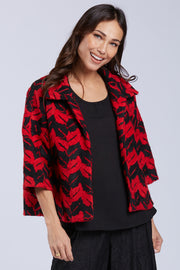 Sydney Project Chevron Leaf Pattern Open Front 3/4 Sleeves Collar Jacket - EMJ1016 - RED LEAF