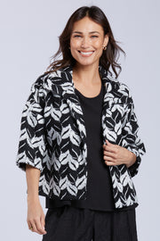 Sydney Project Cris Chevron Leaf Pattern Open Front 3/4 Sleeves Collar Jacket - EMJ1016 - WHITE LEAF
