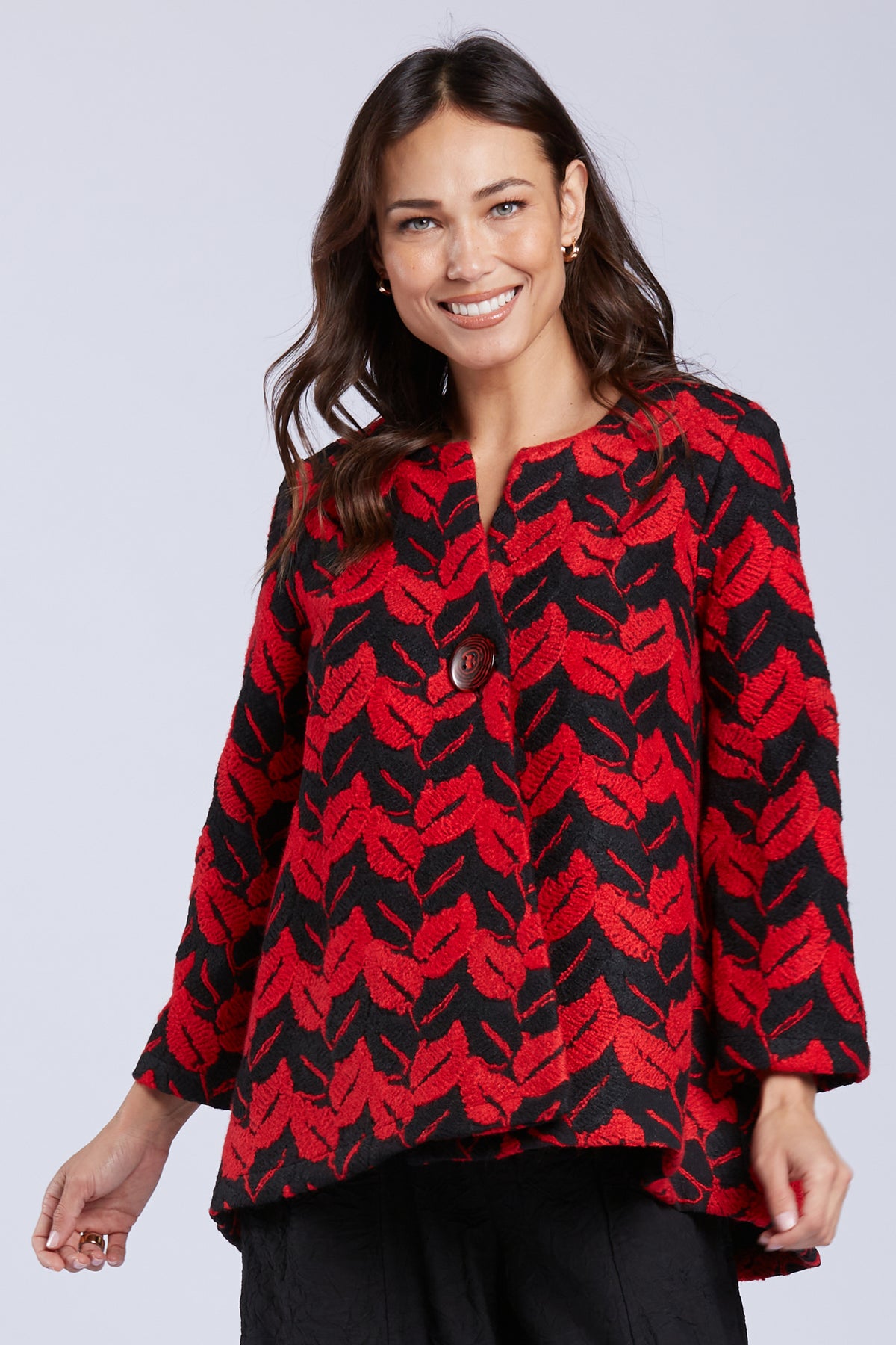 Sydney Project One Button Chevron Leaf Pattern Long Sleeve Jacket - EMJ1149 - RED LEAF