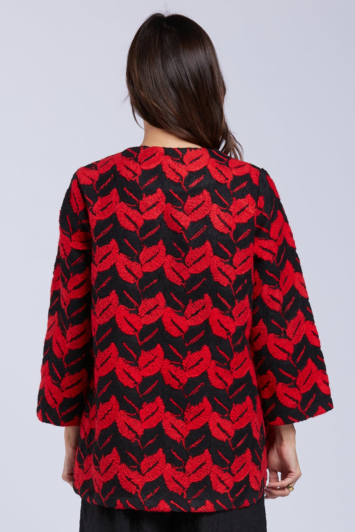 Sydney Project One Button Chevron Leaf Pattern Long Sleeve Jacket - EMJ1149 - RED LEAF