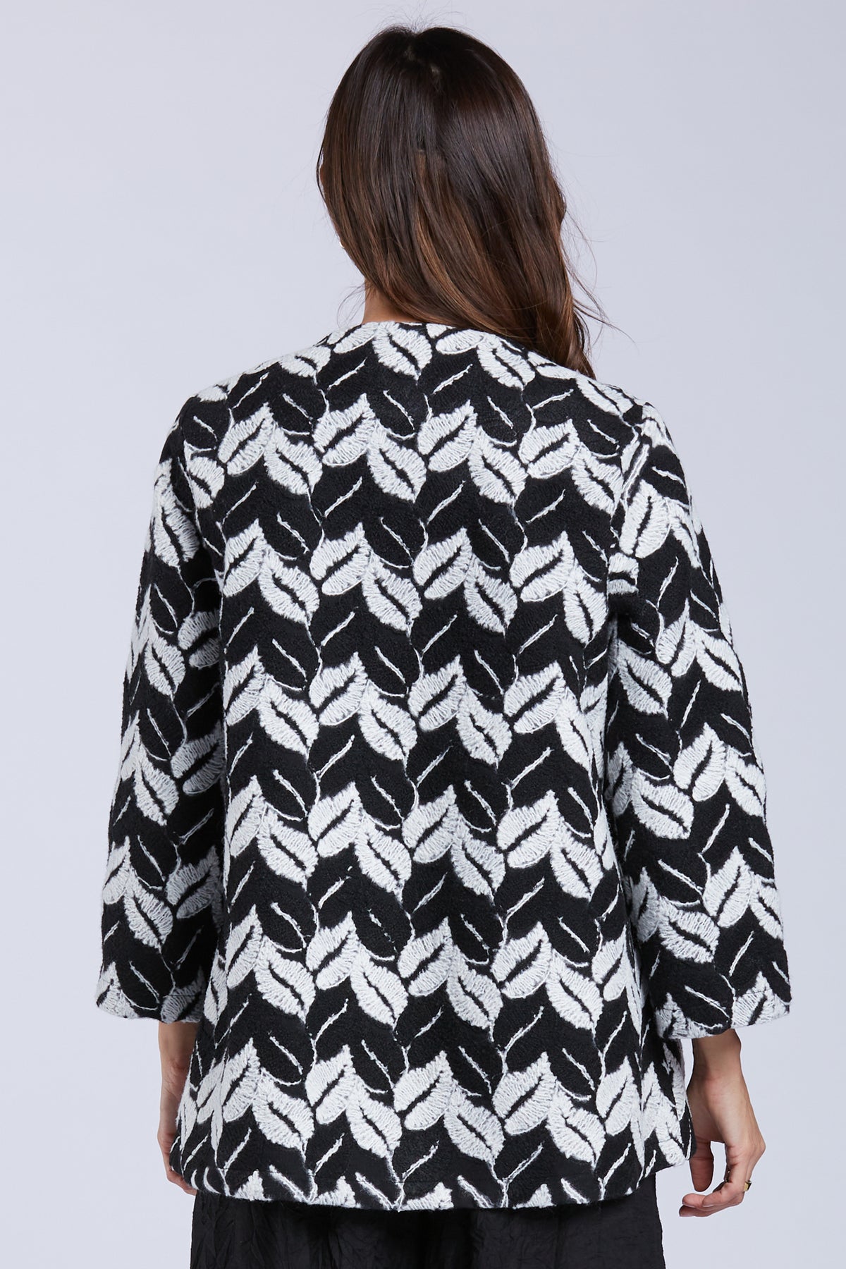 Sydney Project Ollie One Button Chevron Leaf Pattern Long Sleeve Jacket - EMJ1149 - WHITE LEAF