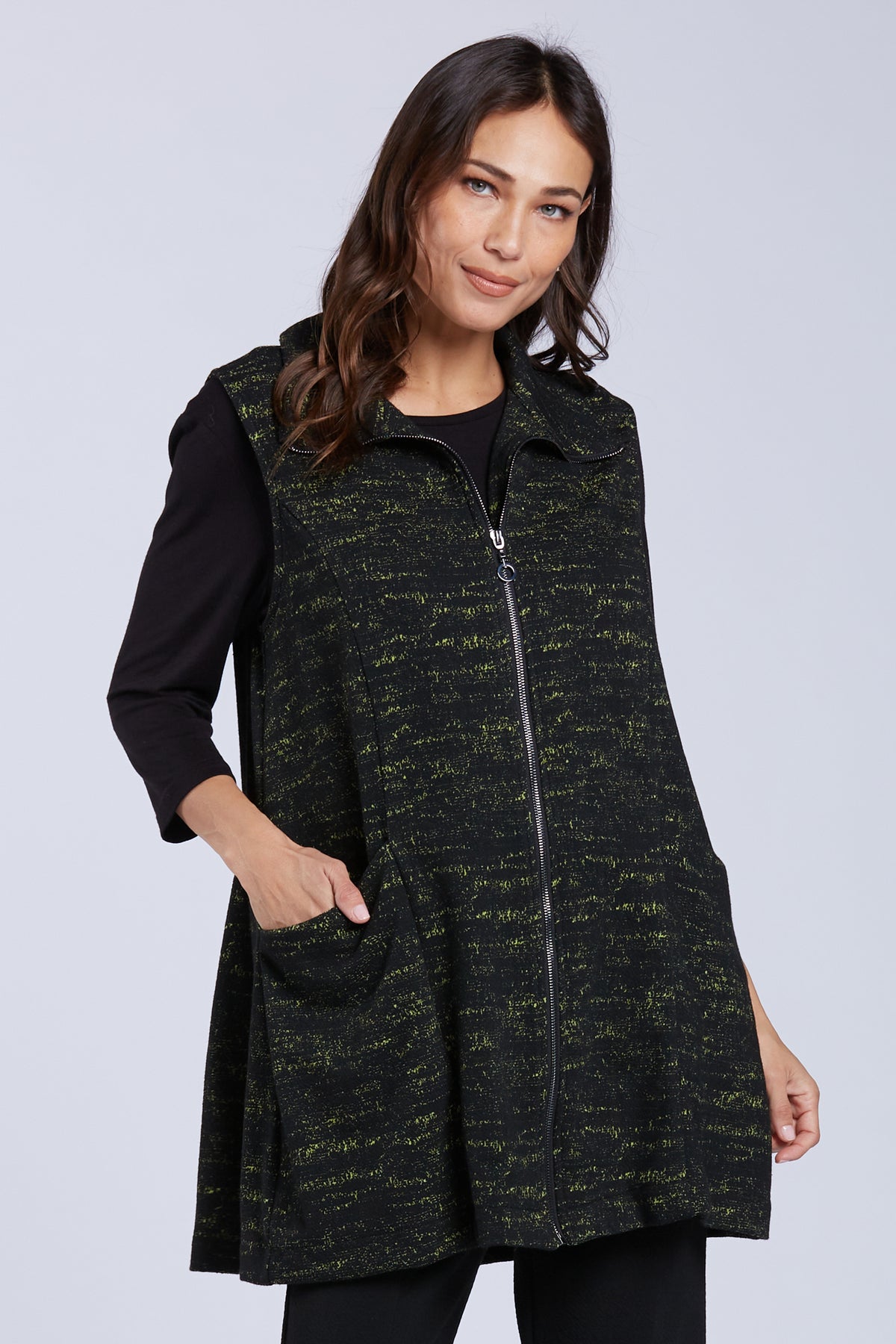 Sydney Project Zia Heathered Long Zip Up Vest w/ Pockets and Back Pleat - KJJ1067 - KIWI NOISE
