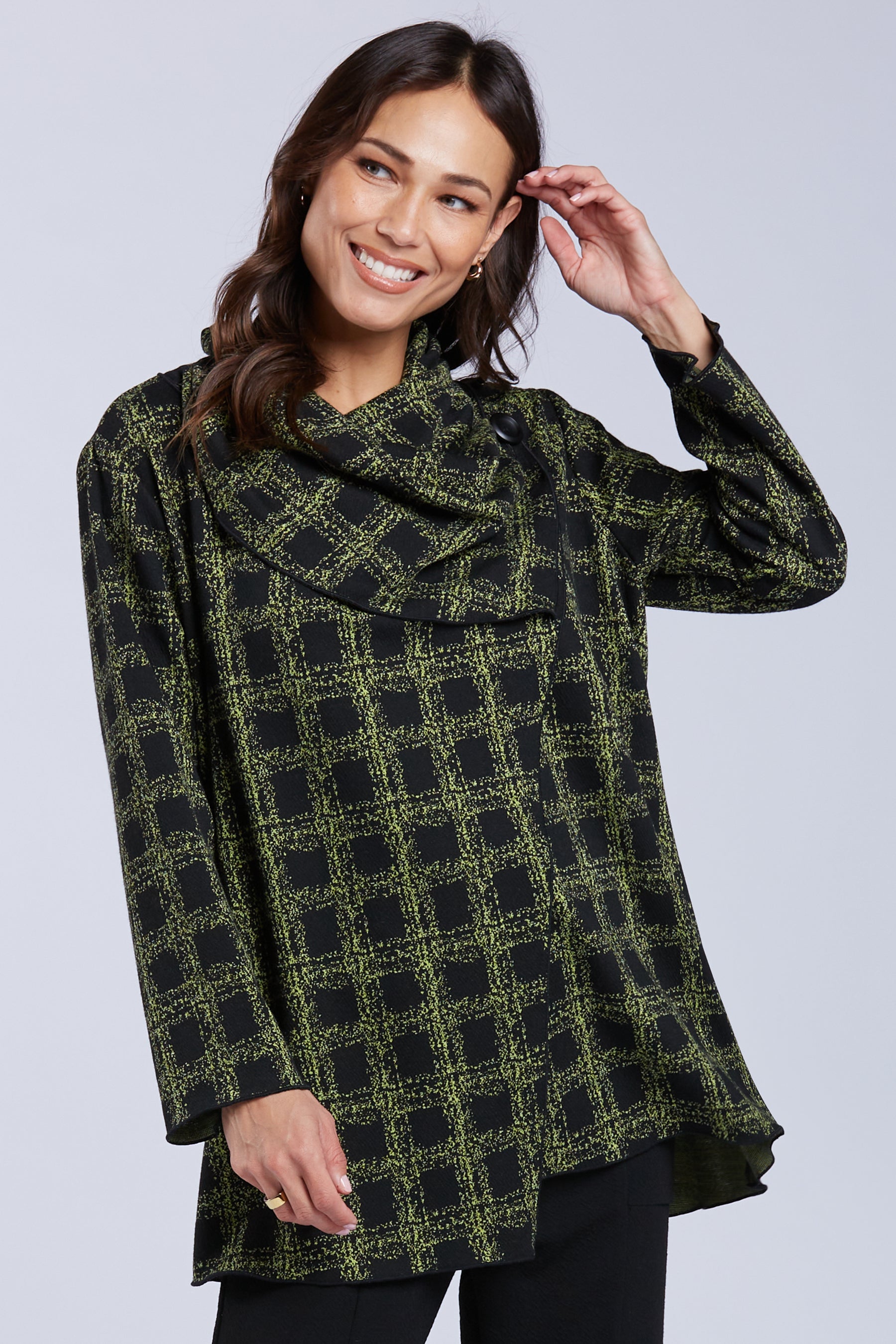 Sydney Project Oliver Checkered Asymmetric Cowl Long Sleeve Top - KJJ1146 - KIWI CHECK