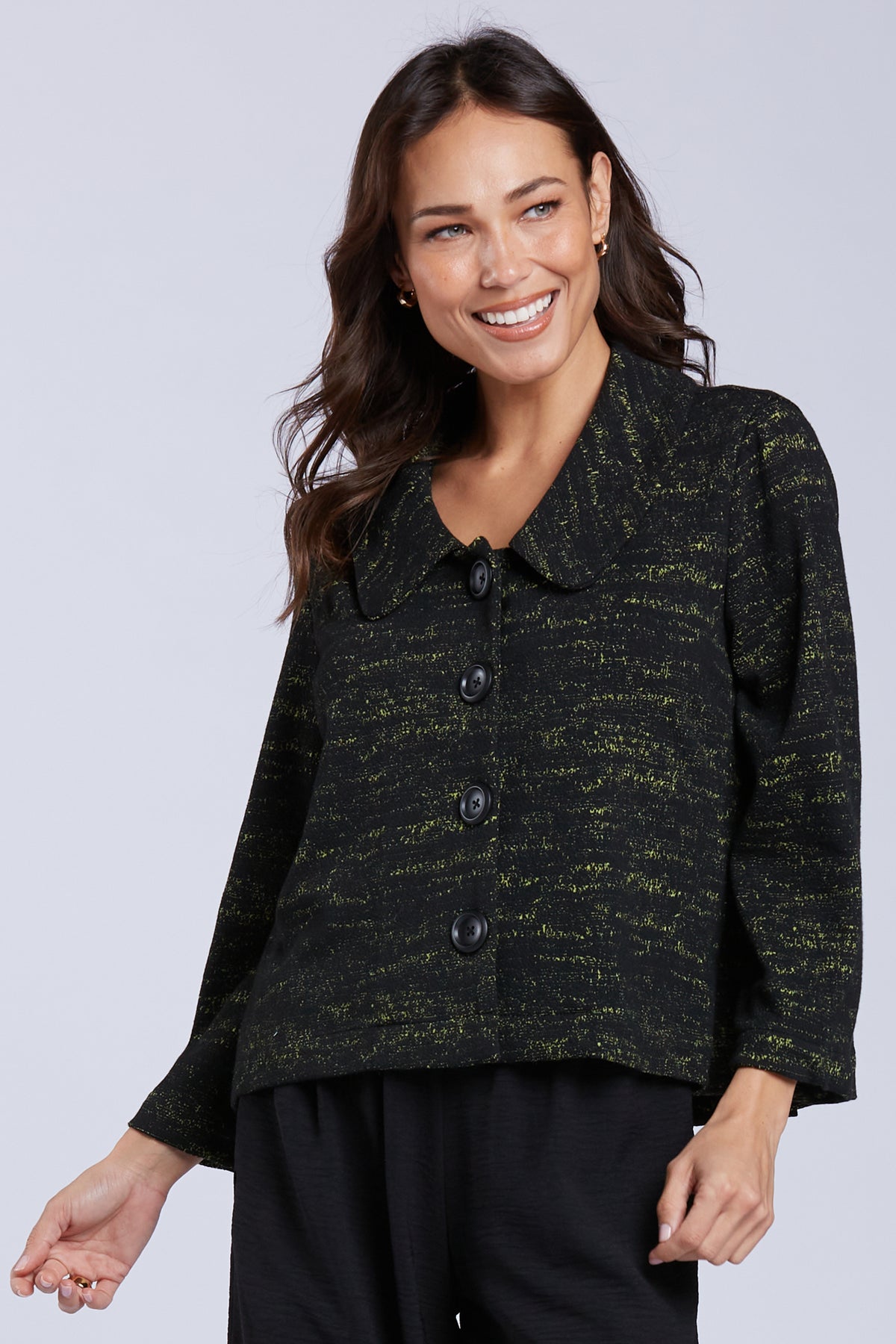 Sydney Project Carly Green Heathered Button Down Collared Short Jacket - KJJ1173 - KIWI NOSIE