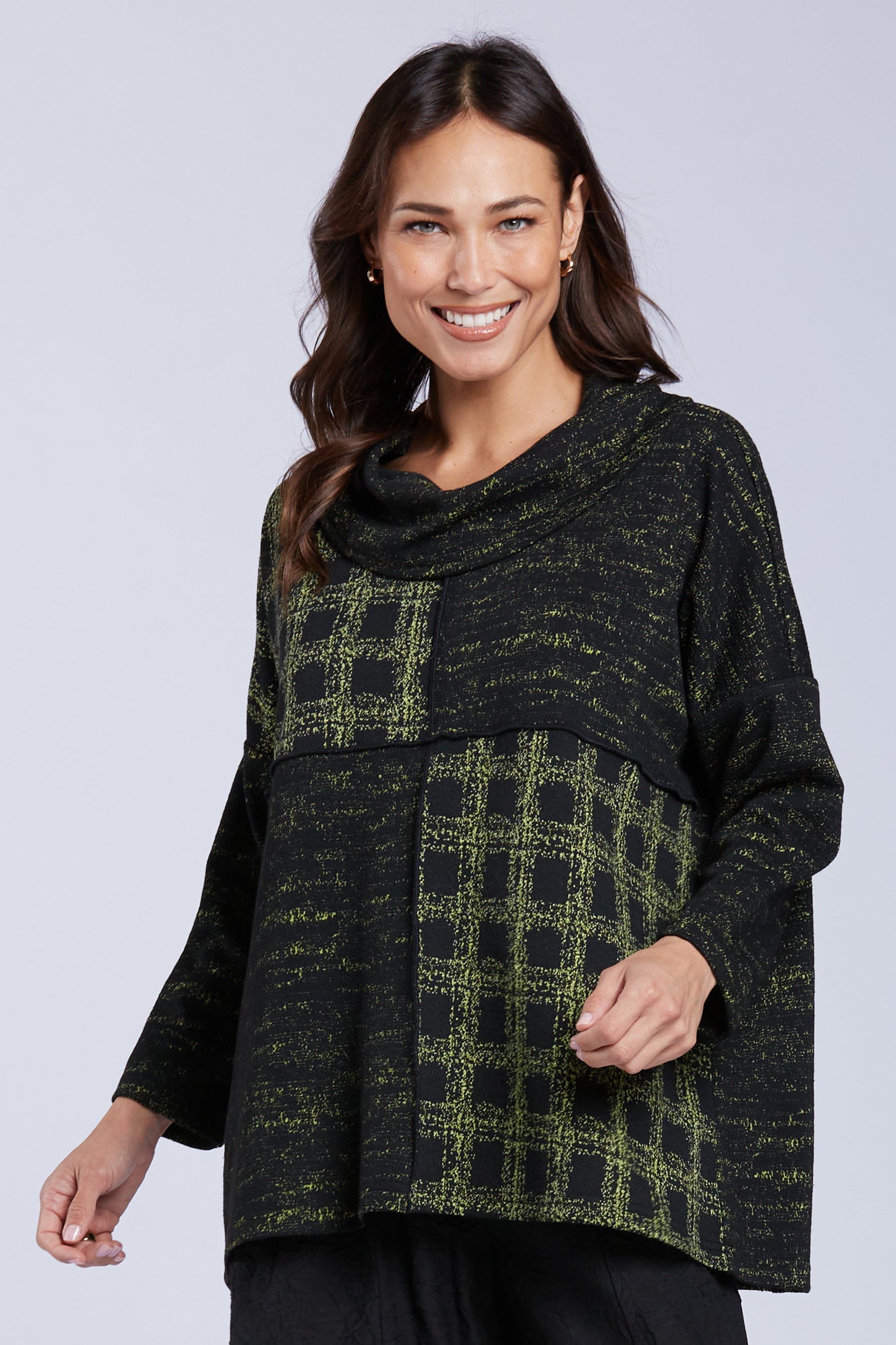 Sydney Project Carina Heathered Plaid Relaxed Fit Cowl Neck Long Sleeve Top - KJT1055 - KIWI MULTI