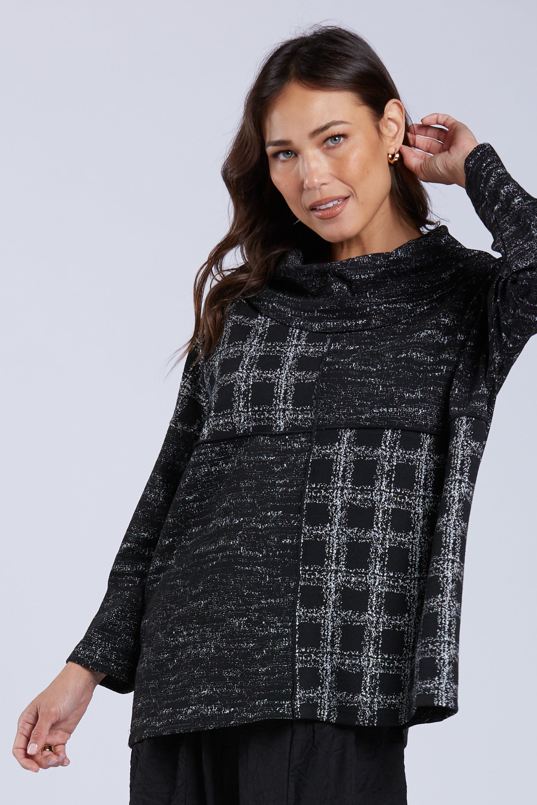 Sydney Project Carina Heathered Plaid Relaxed Fit Cowl Neck Long Sleeve Top - KJT1055 - WHITE MULTI