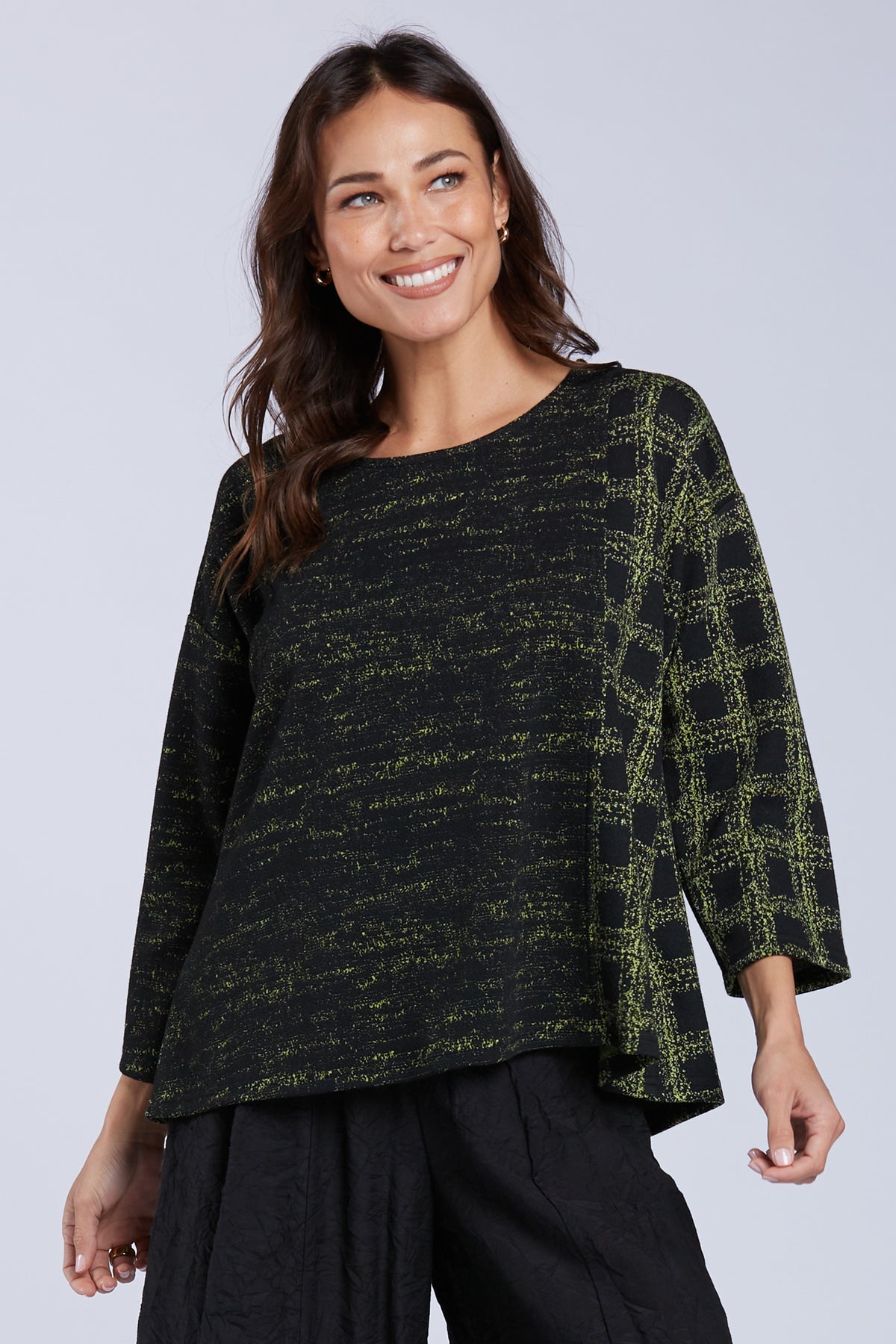 Sydney Project Clarisse Green and Black Heathered Long Sleeve Round Neck Top - KJT1081 - KIWI MULTI