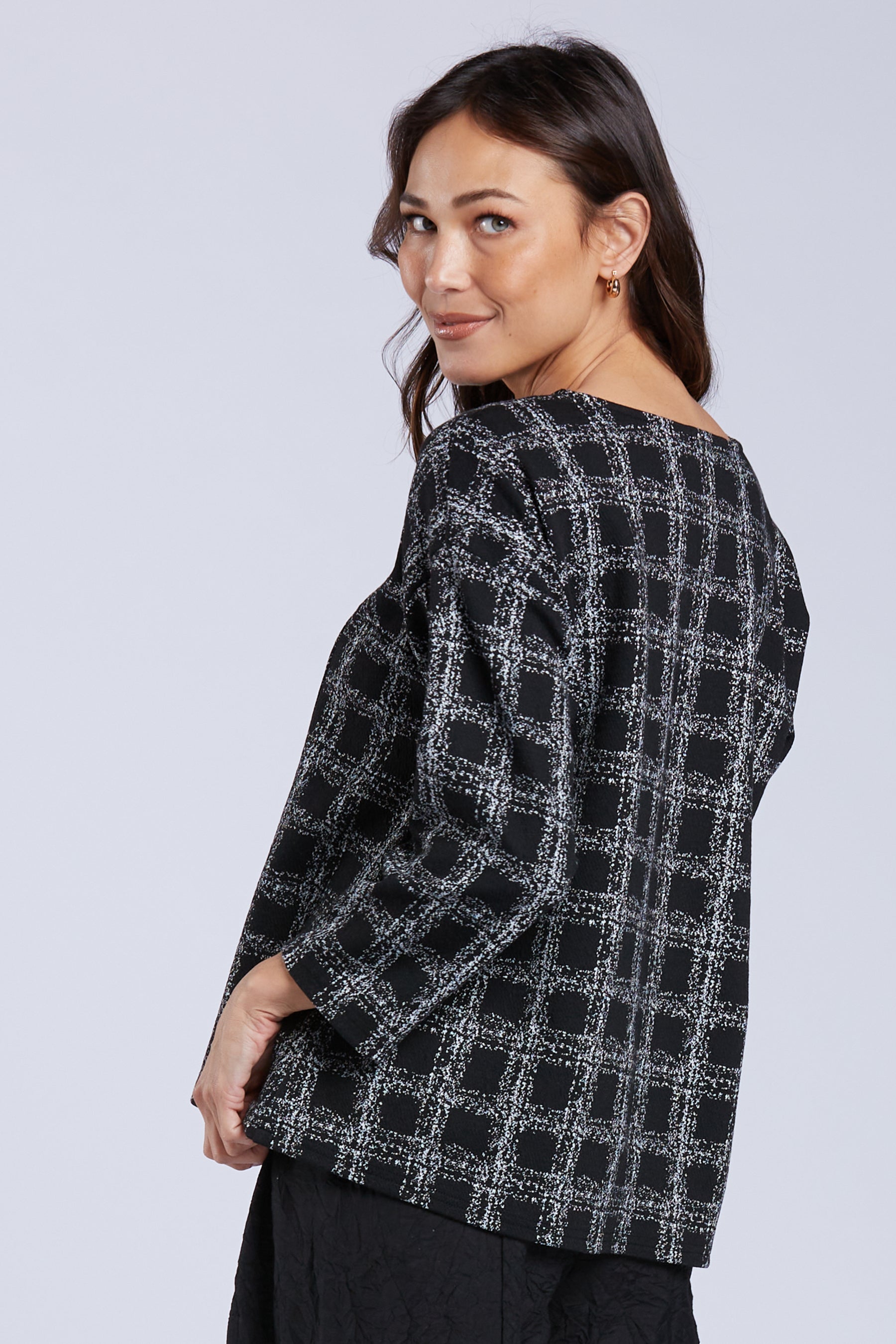 Sydney Project Clarisse White and Black Heathered Long Sleeve Round Neck Top - KJT1081 - WHITE MULTI