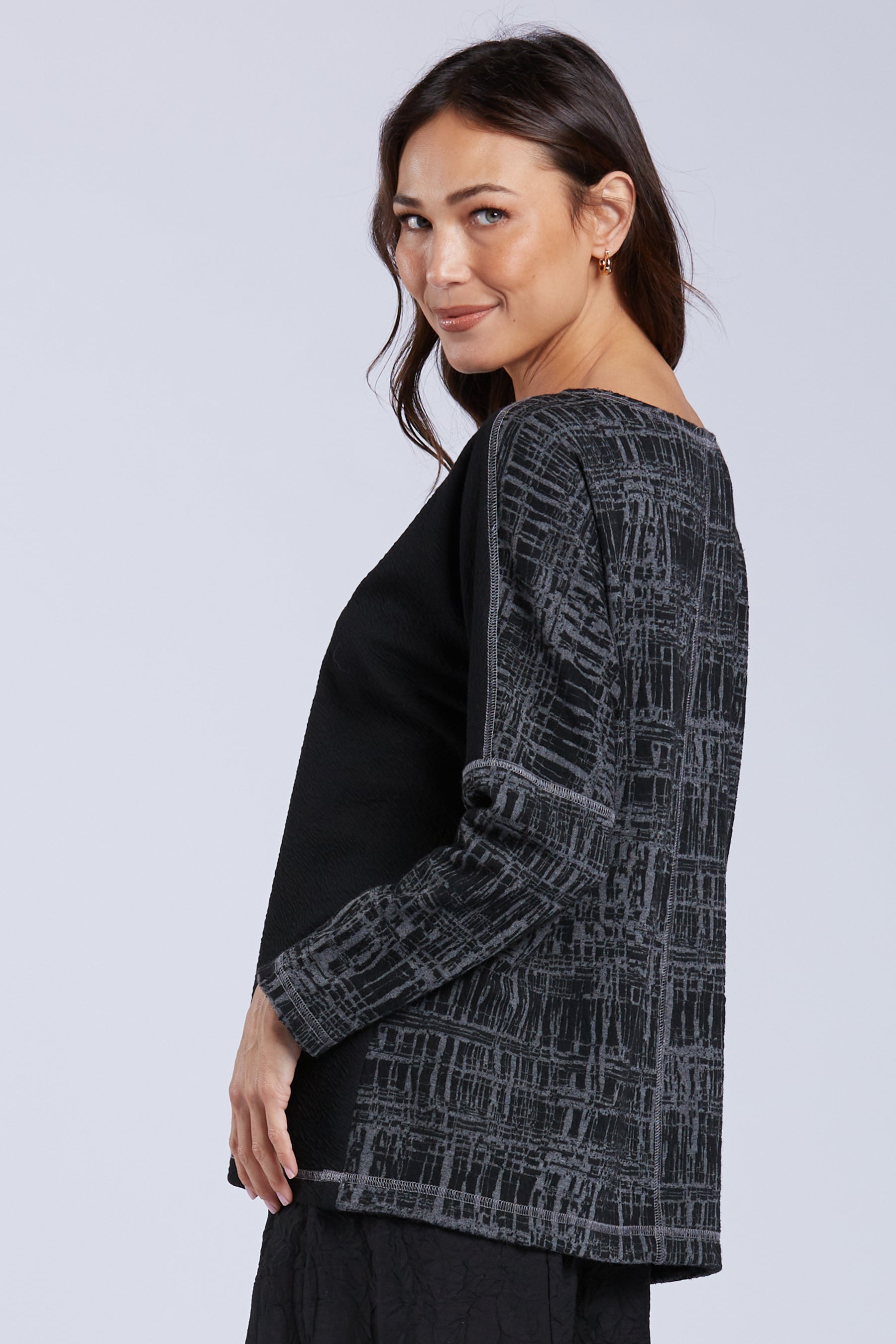 Sydney Project Cohen Black Grey Round Neck Long Sleeve Relaxed Top - KJT1096 - GREY CITY