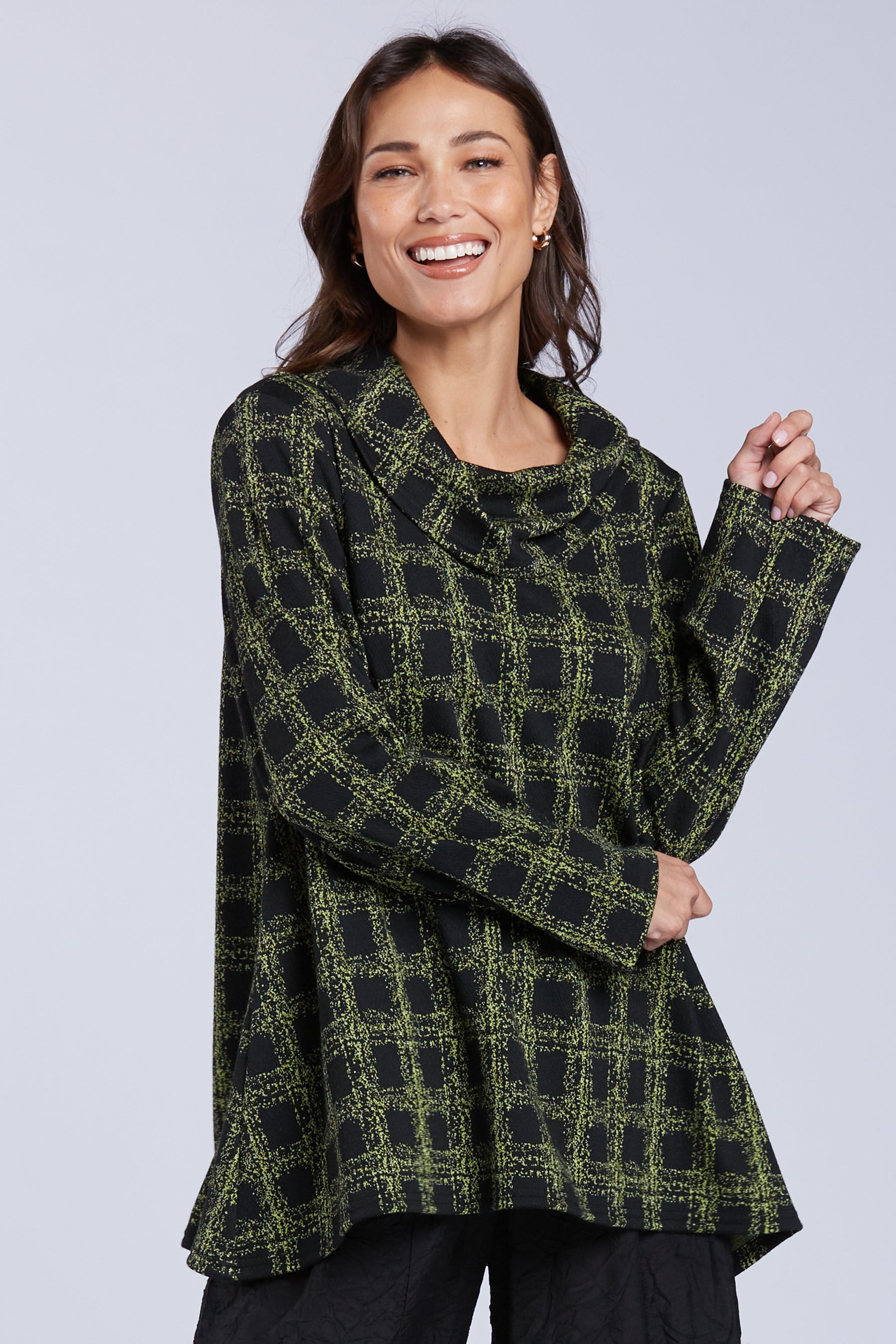 Sydney Project Cameron Black and Green Checkered Relaxed Cowl Neck Top - KJT1131 - KIWI CHECK