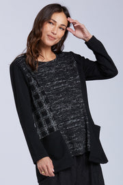 Sydney Project Camryn Abstract Round Neck Long Sleeve Relaxed Fit Top w/ Front Pockets - KJT1171 - WHITE NOISE