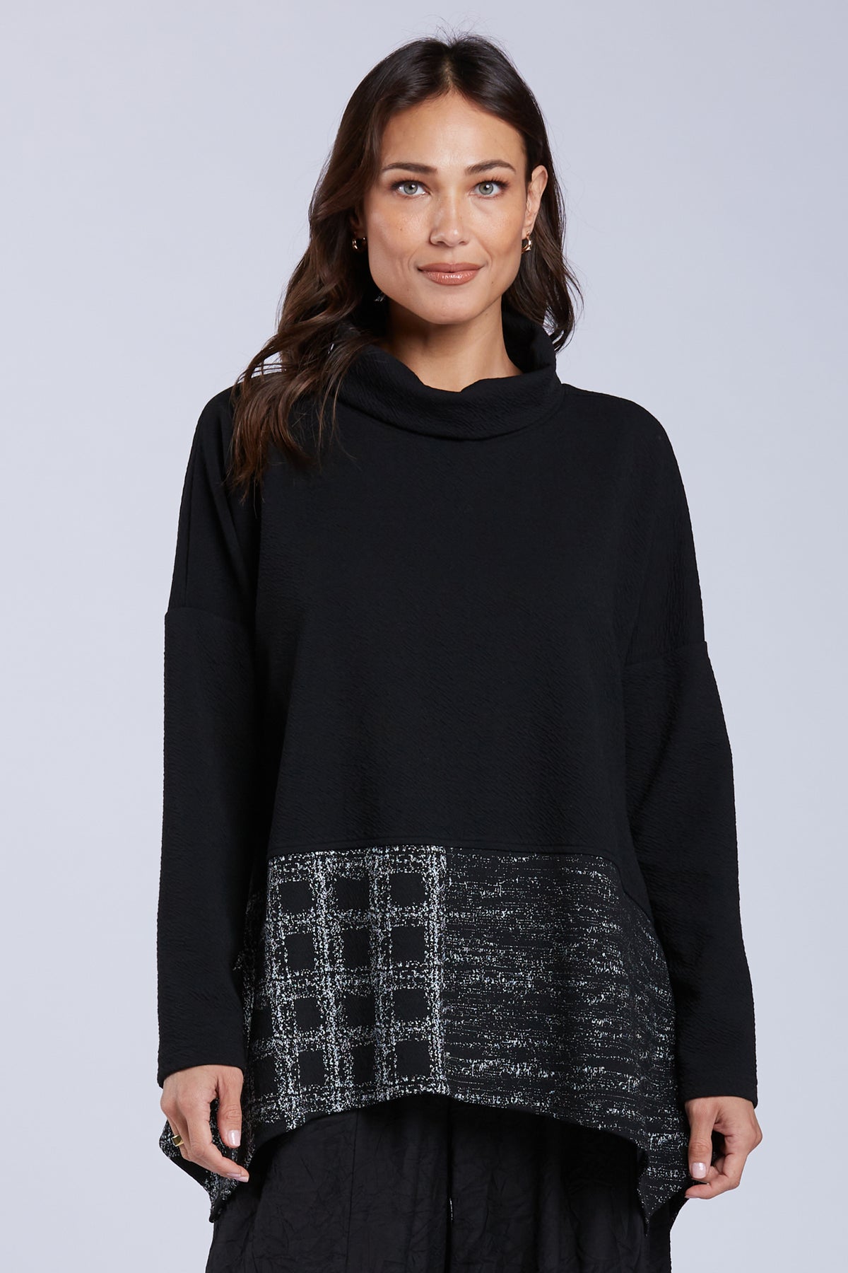 Sydney Project Claire Asymmetric Wide Turtle Neck Top w/ Abstract Detailing - KJT1175 - WHITE MULTI