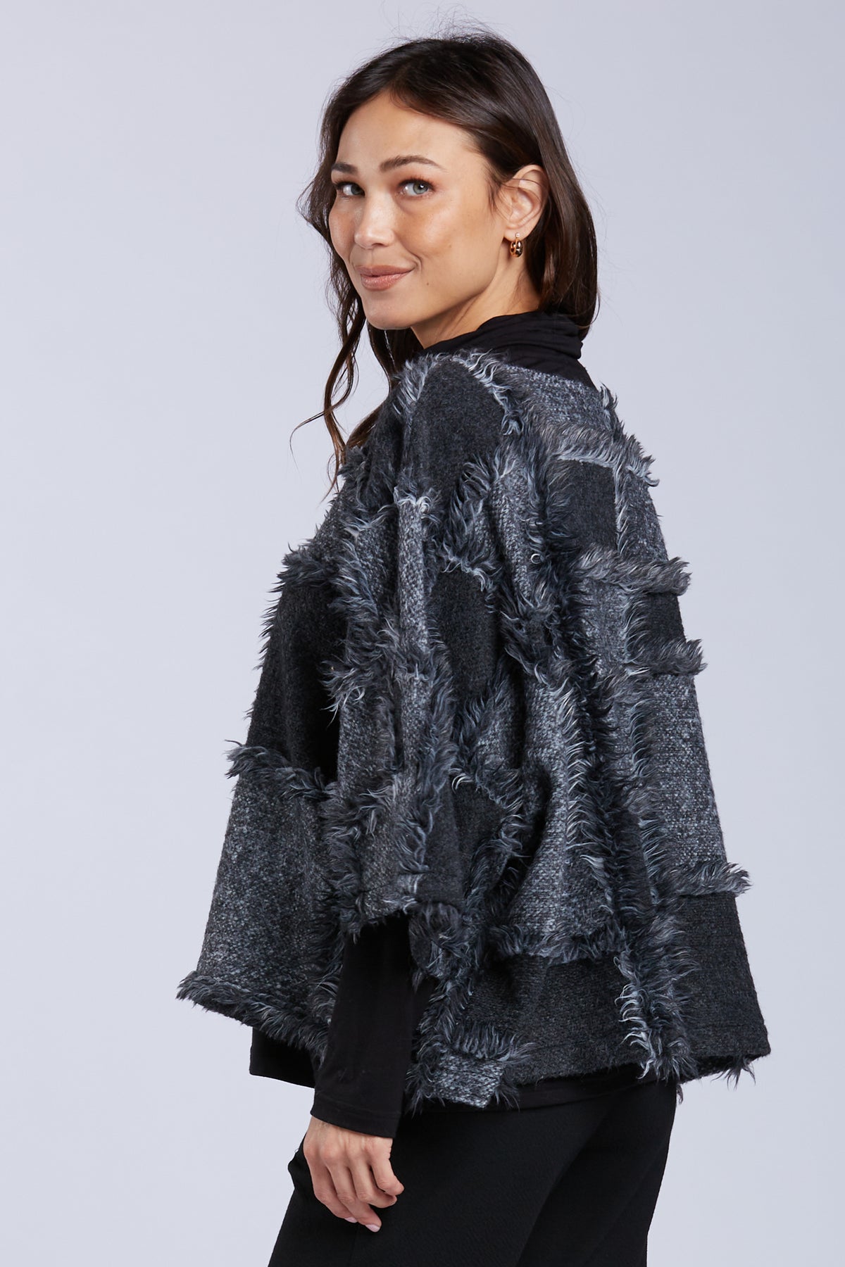 Sydney Project Tessa Cropped Textured Checkered 3/4 Sleeves Top - NJT1178 - CHARCOAL