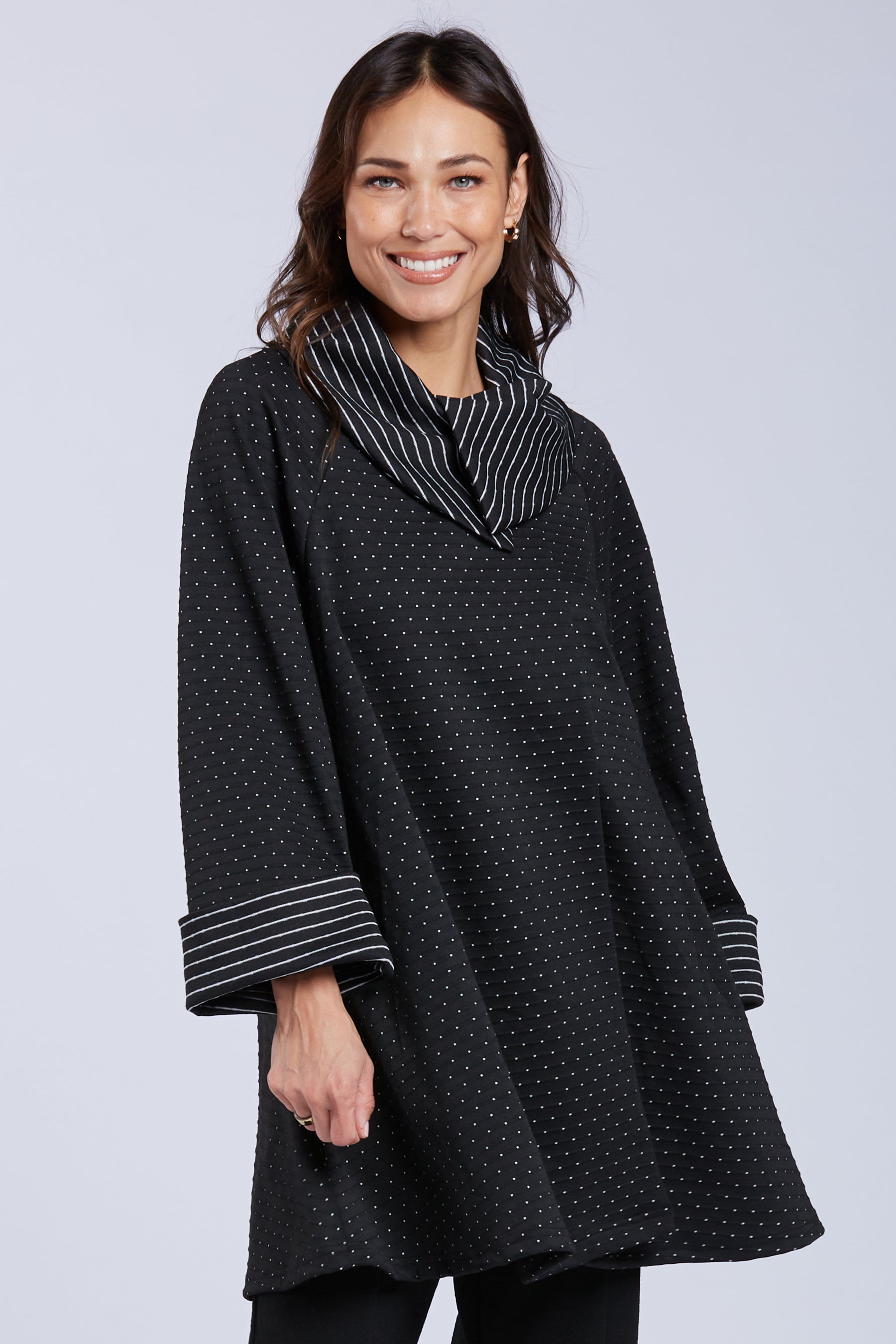 Sydney Project Olivia Long Dots and Stripes Cowl Neck Top - PSJ1076 - BLACK/WHITE