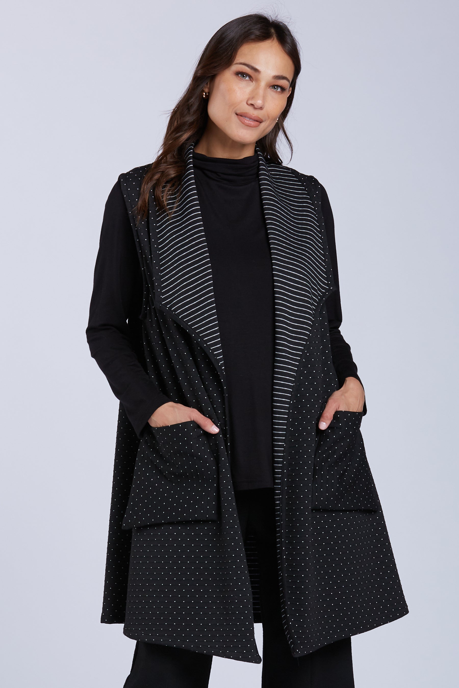 Sydney Project Reversible Dots and Stripes Collared Long Vest - PSJ1108 - BLACK/WHITE -