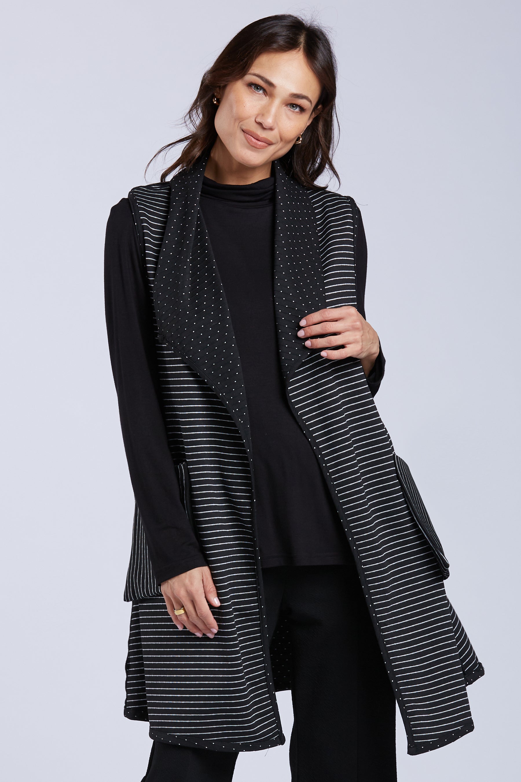 Sydney Project Reversible Dots and Stripes Collared Long Vest - PSJ1108 - BLACK/WHITE -