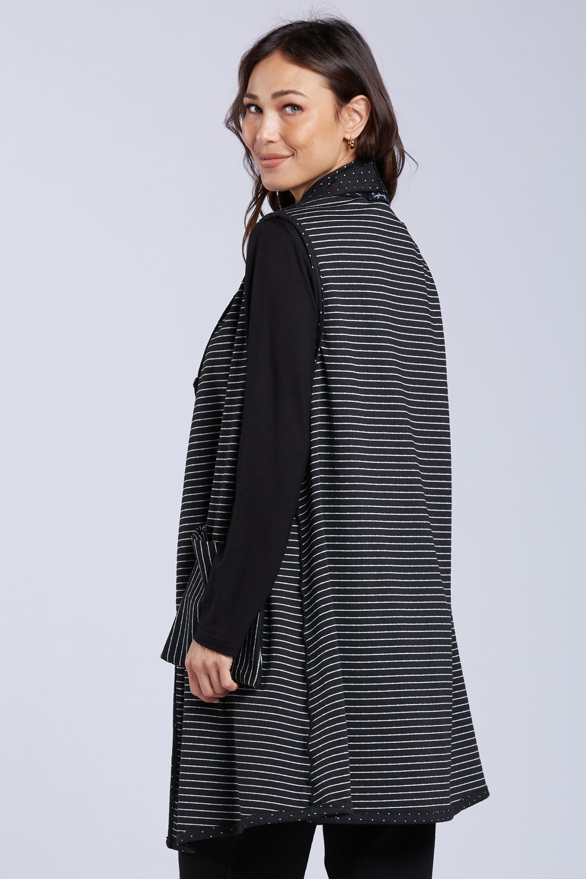 Sydney Project Reversible Dots and Stripes Collared Long Vest - PSJ1108 - BLACK/WHITE -