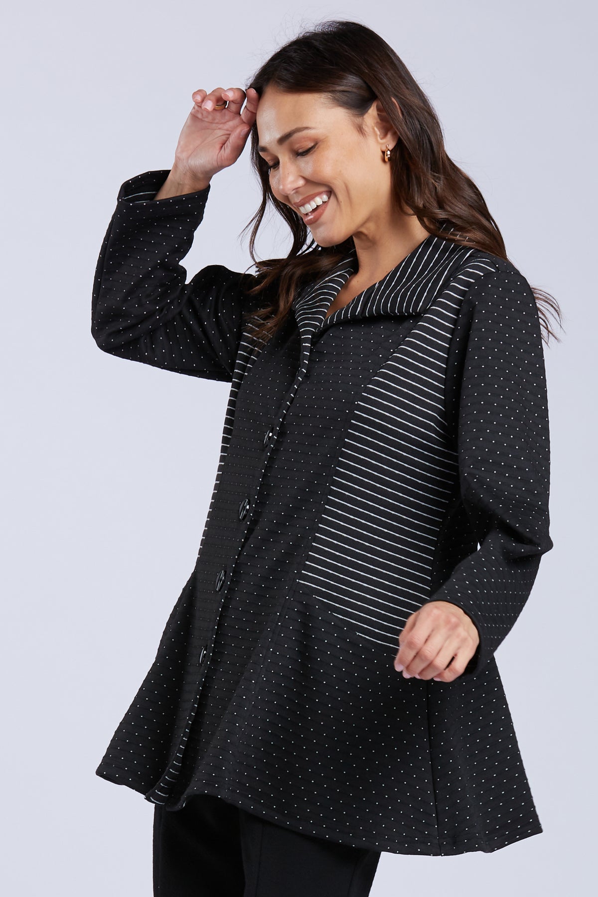 Sydney Project Brooklyn Dots and Stripes Button Down Collared Flared Jacket - PSJ1169 - BLACK/WHITE
