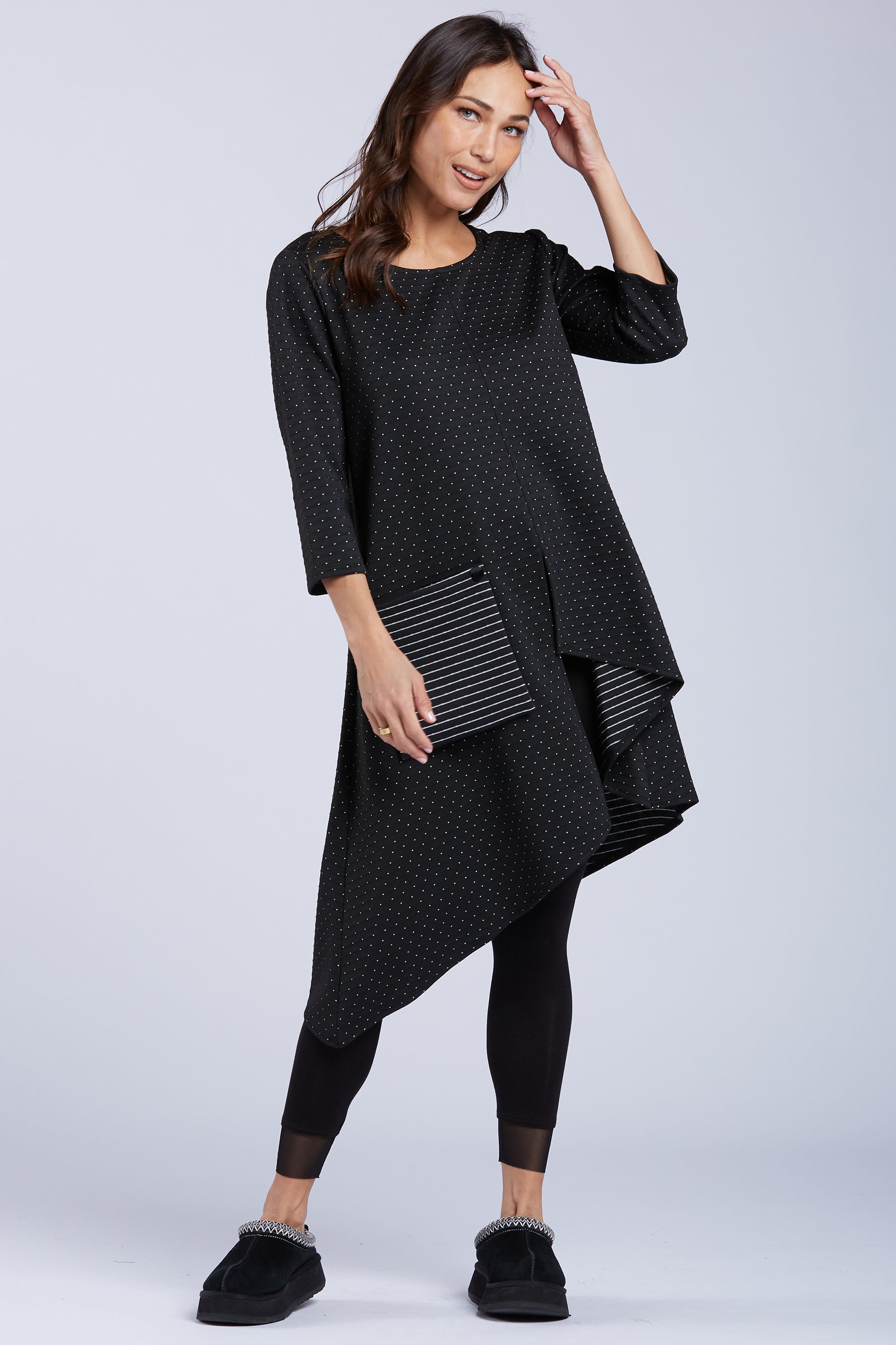 Sydney Project Ashley Dotted Asymmetric 3/4 Sleeve Long Top - PST1024 - BLACK/WHITE