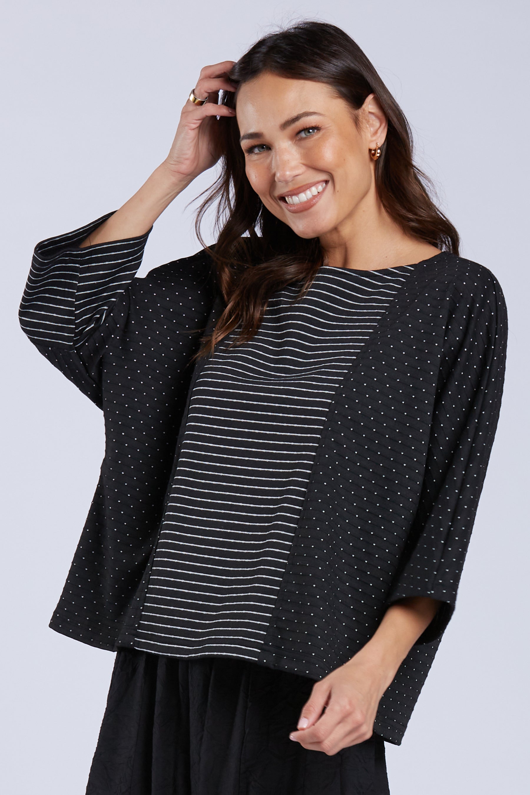 Sydney Project Tori Boxy Dots and Stripes 3/4 Sleeve Top - PST1088 - BLACK/WHITE