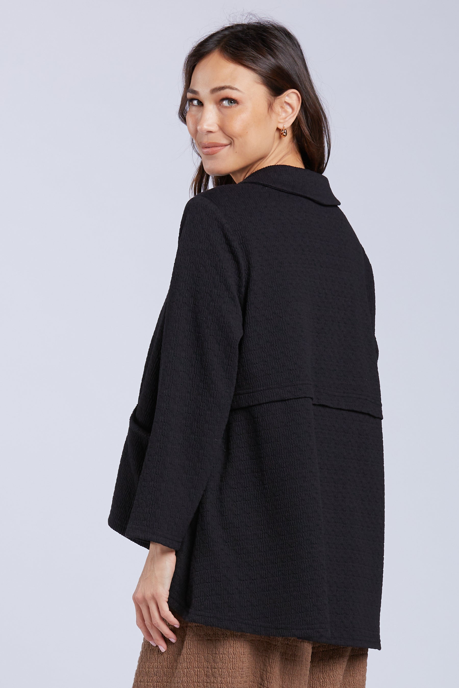 Sydney Project Belinda Textured Button Down Collar Hi-Low Long Sleeve Top - TRJ1052 - BLACK