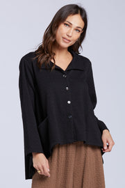 Sydney Project Belinda Textured Button Down Collar Hi-Low Long Sleeve Top - TRJ1052 - BLACK