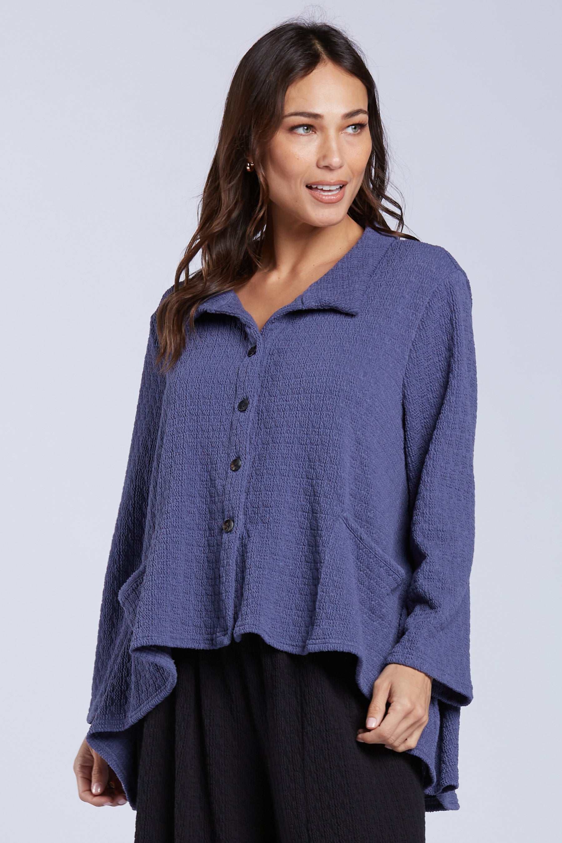 Sydney Project Belinda Textured Button Down Collar Hi-Low Long Sleeve Top - TRJ1052 - DENIM