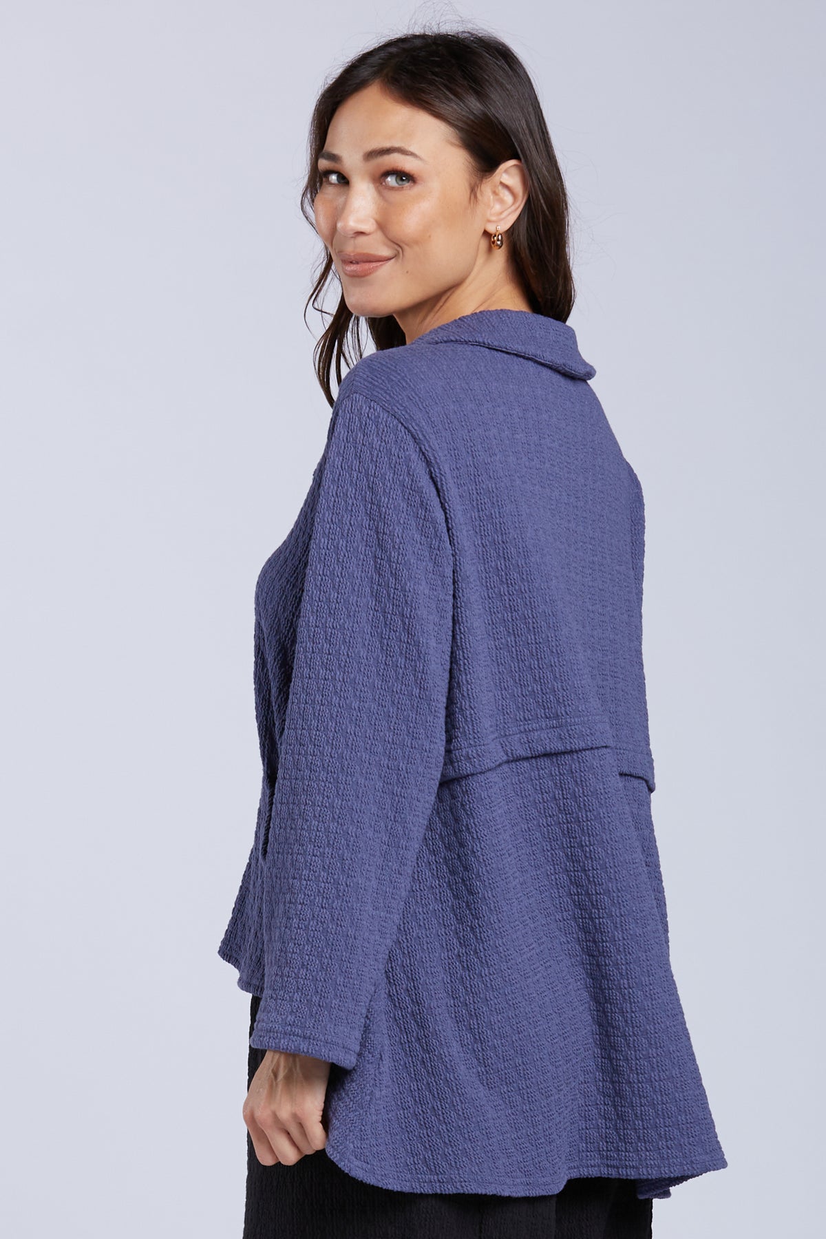 Sydney Project Belinda Textured Button Down Collar Hi-Low Long Sleeve Top - TRJ1052 - DENIM