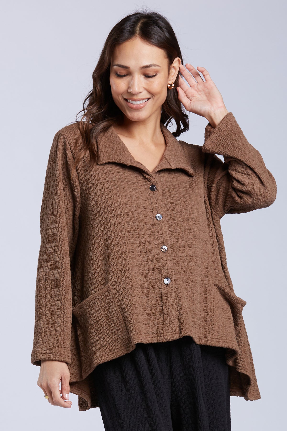 Sydney Project Belinda Textured Button Down Collar Hi-Low Long Sleeve Top - TRJ1052 - MOCHA