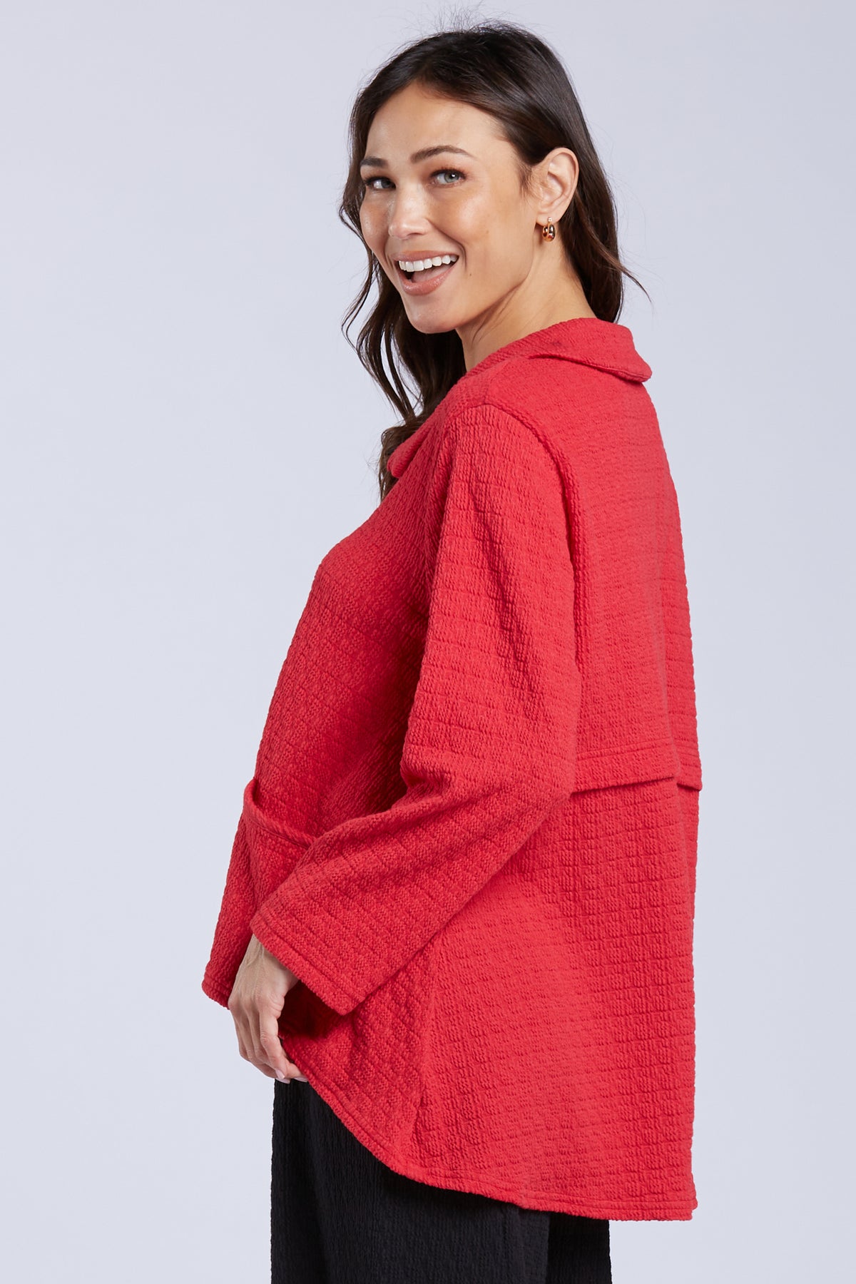 Sydney Project Belinda Textured Button Down Collar Hi-Low Long Sleeve Top - TRJ1052 - RED