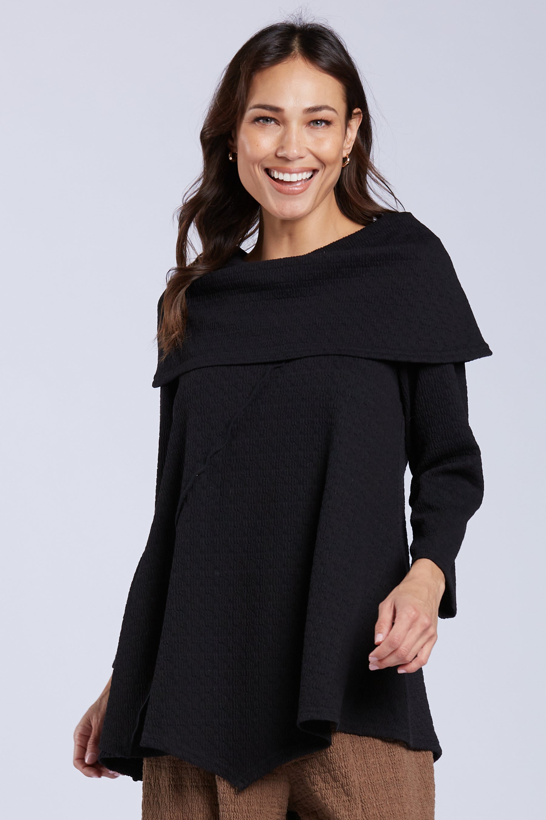 Sydney Project Abby Fold Over Asymmetrical Long Sleeve Top - TRT1036 - BLACK