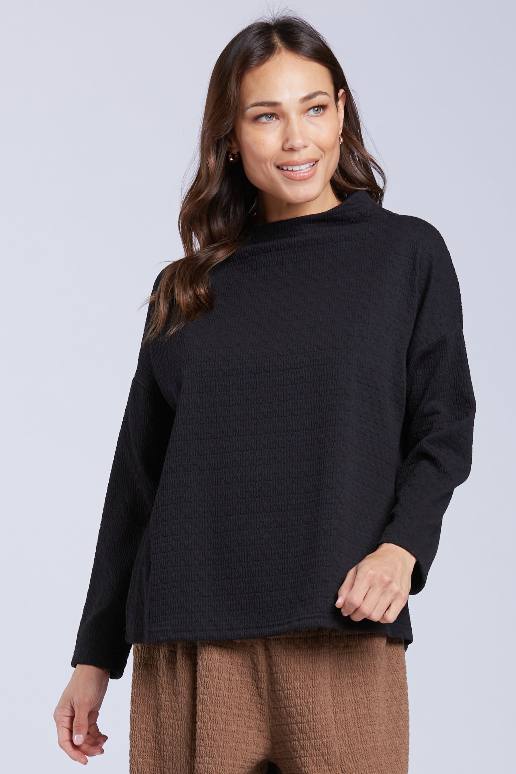 Sydney Project Felicity Mock Neck Boxy Textured Top - TRT1180 - BLACK
