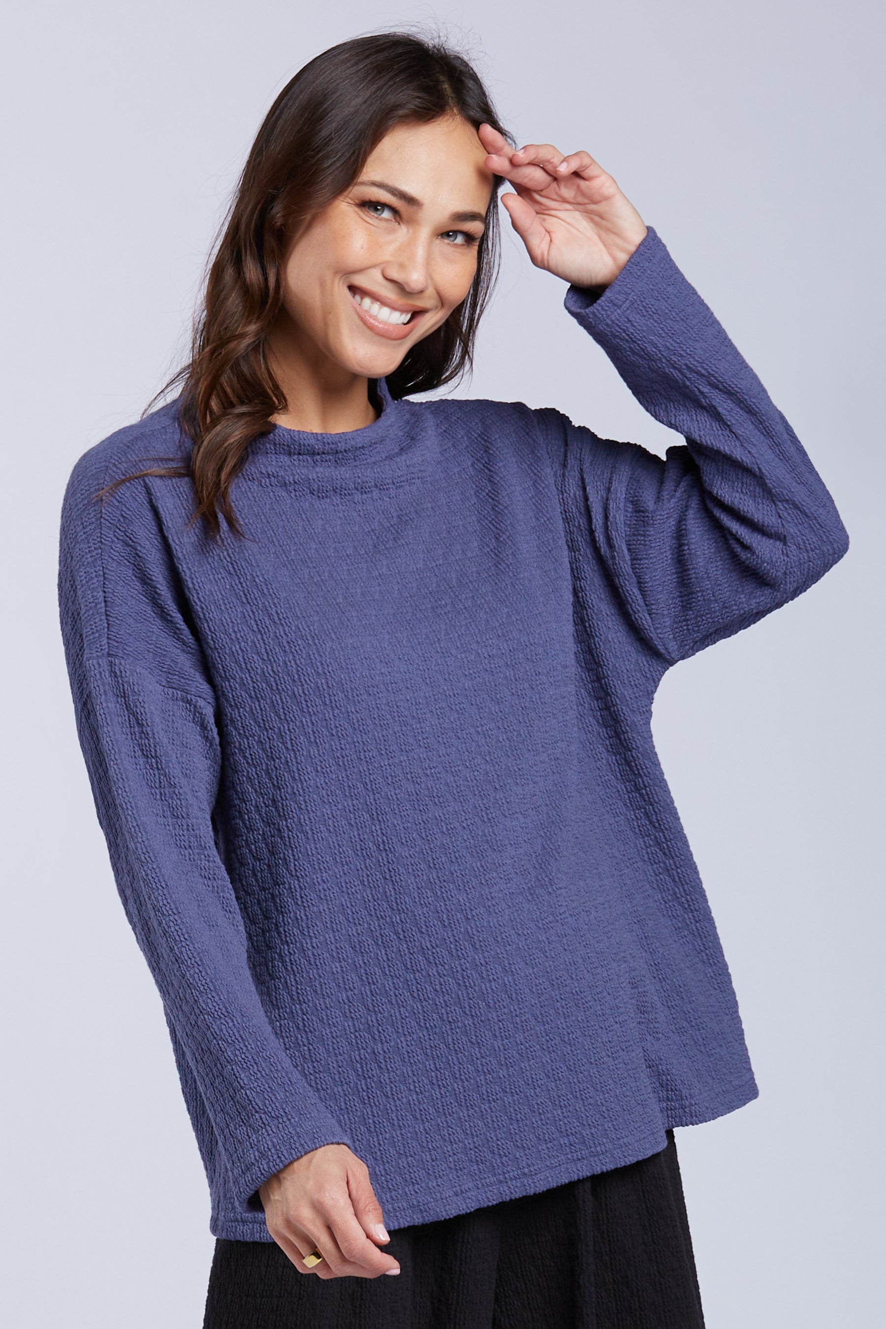 Sydney Project Felicity Mock Neck Boxy Textured Top - TRT1180 - DENIM
