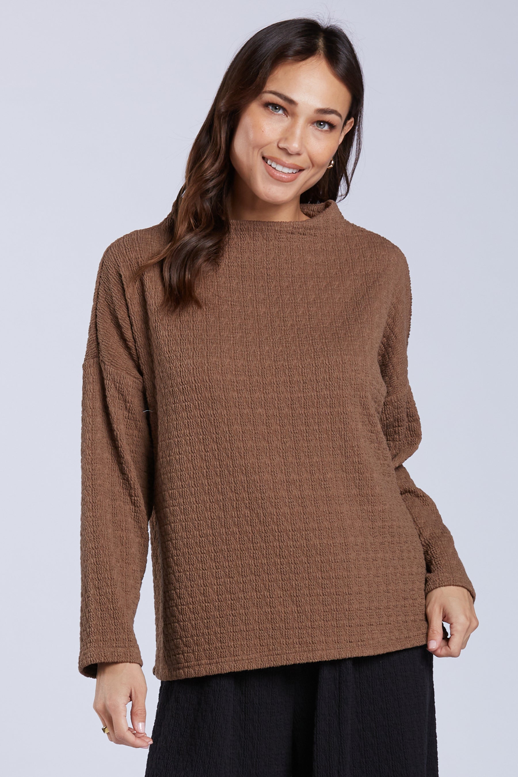Sydney Project Felicity Mock Neck Boxy Textured Top - TRT1180 - MOCHA
