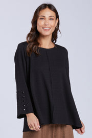 Sydney Project Flair Relaxed Round Neck Long Sleeve Top w/ Buttons - TRT1181 - BLACK