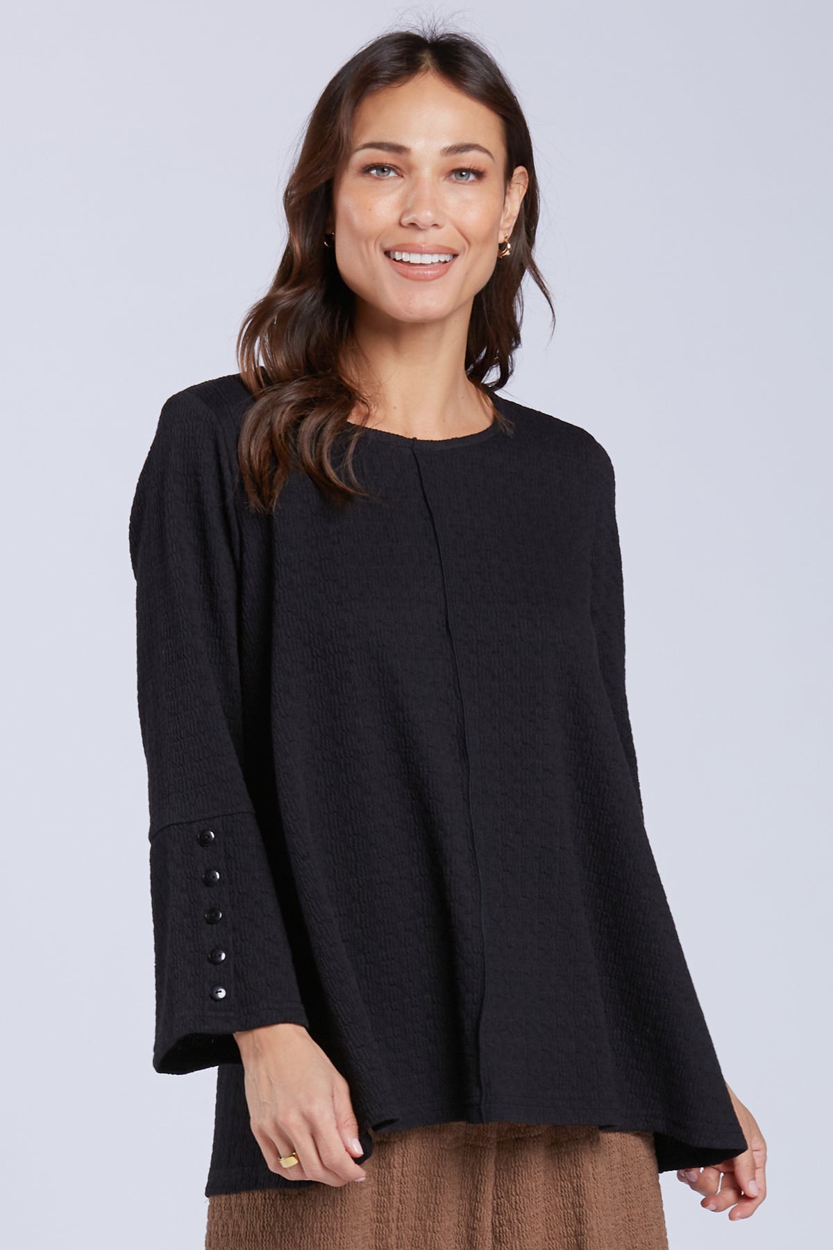 Sydney Project Flair Relaxed Round Neck Long Sleeve Top w/ Buttons - TRT1181 - BLACK