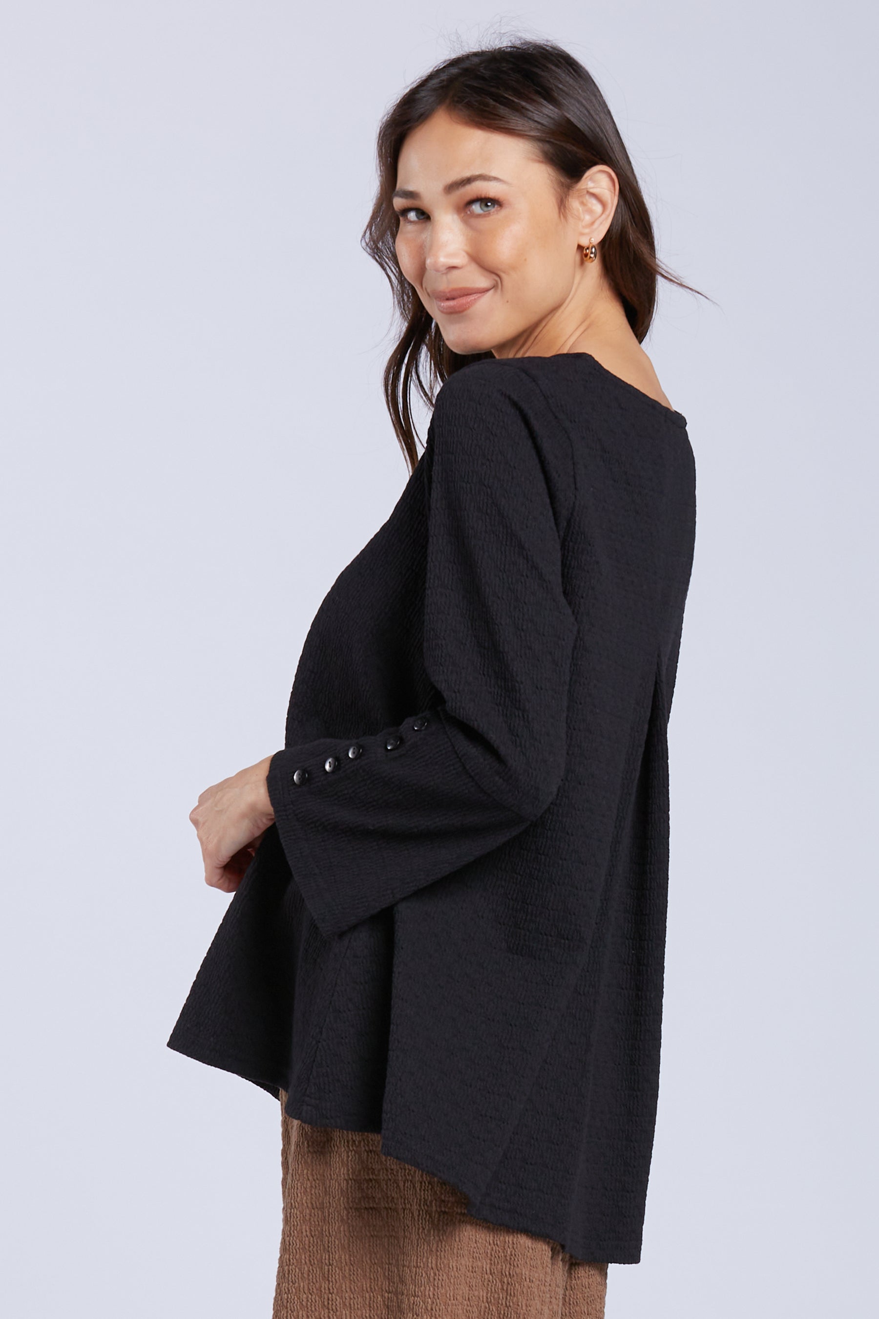 Sydney Project Flair Relaxed Round Neck Long Sleeve Top w/ Buttons - TRT1181 - BLACK